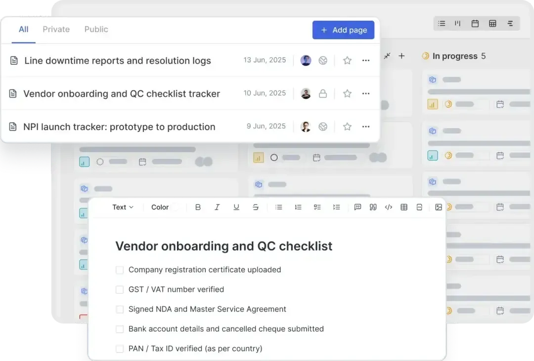 Page view in Plane showing a list of tracking pages with owners and due dates; the open page contains an editable checklist for vendor onboarding tasks.