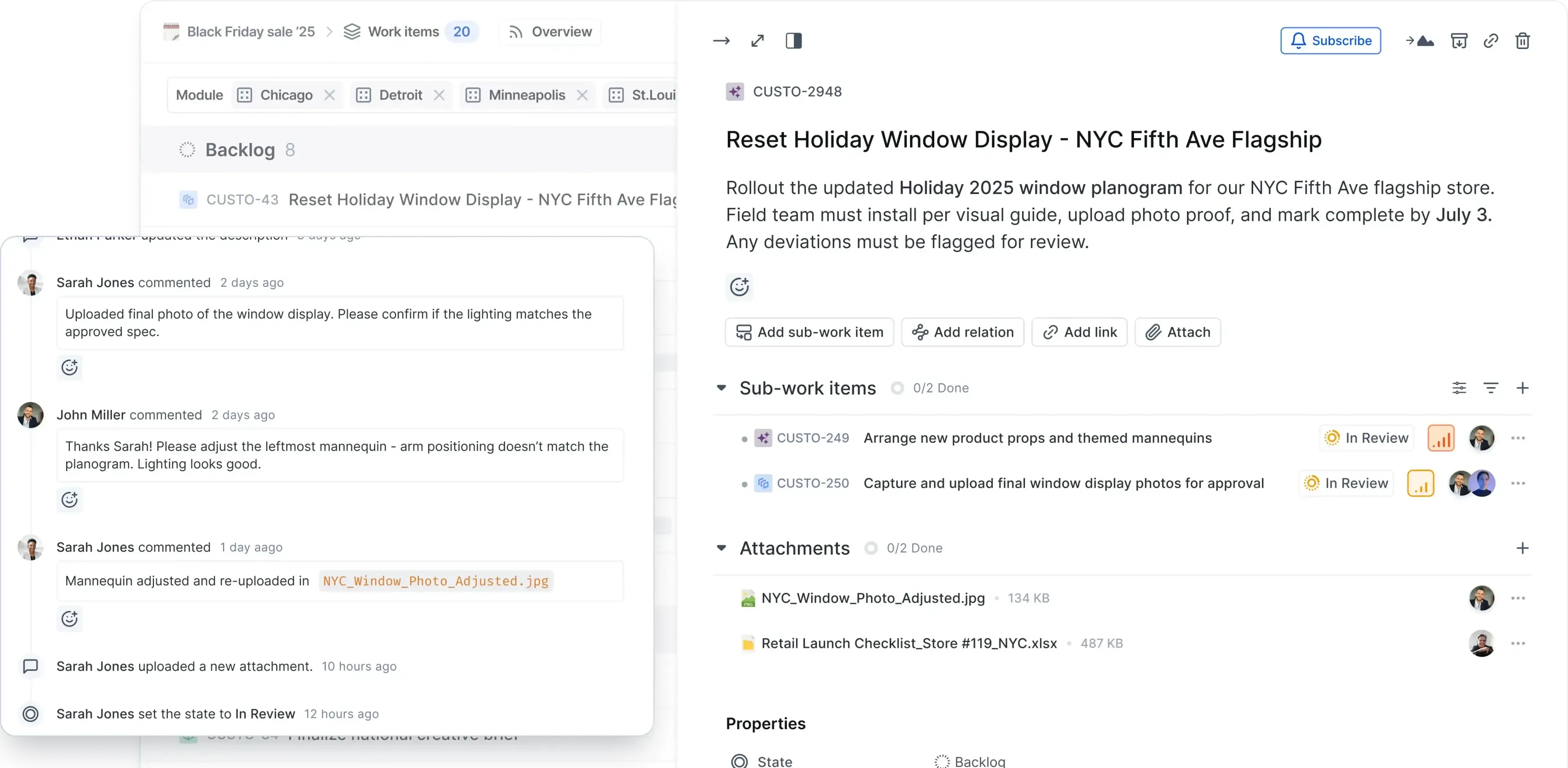 Detailed work item view showing task description, threaded comments, sub-work items, attachments, and status updates for a retail display reset.