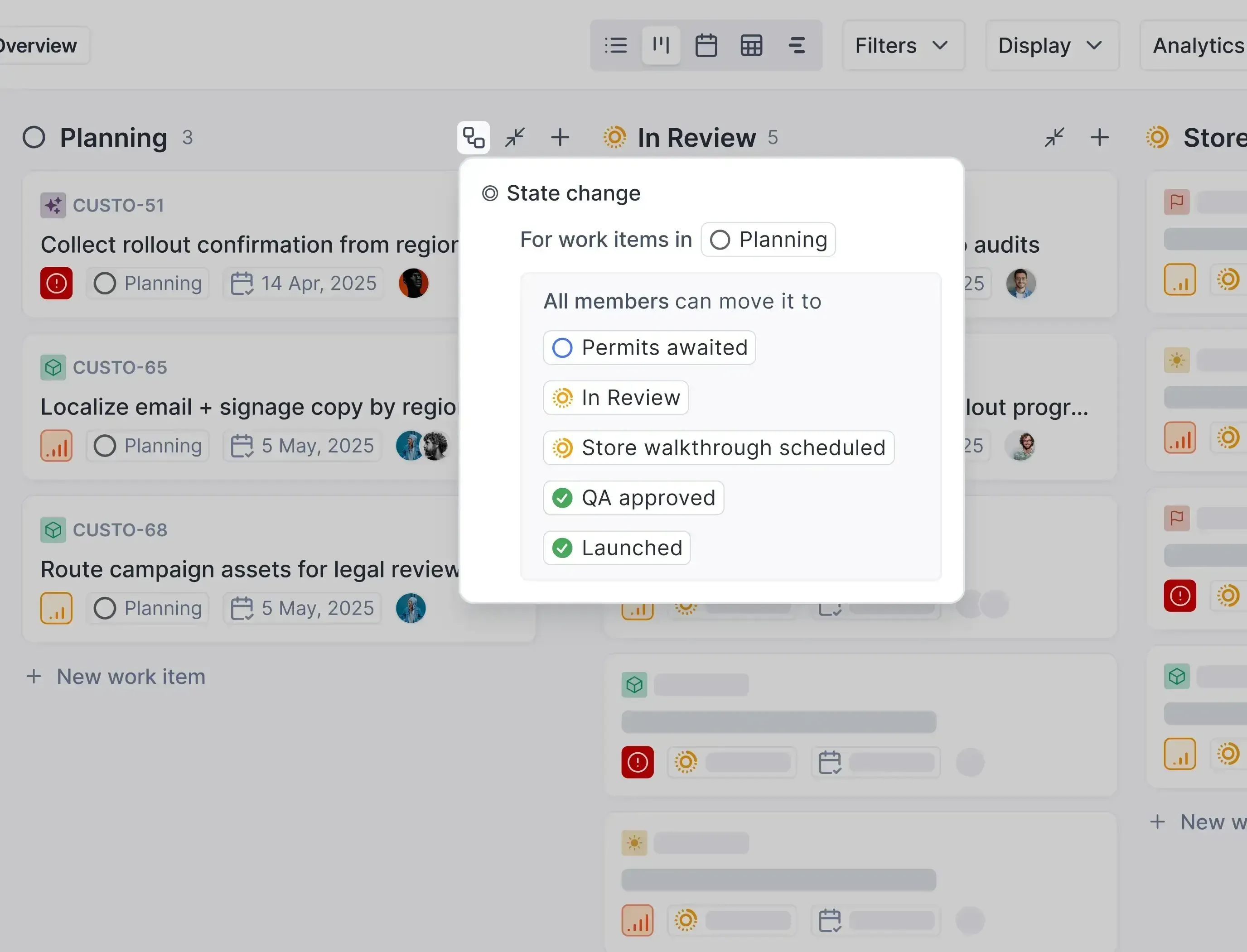 Workflow board showing a state change menu for planning items, allowing transitions to review, approval, and launch stages.