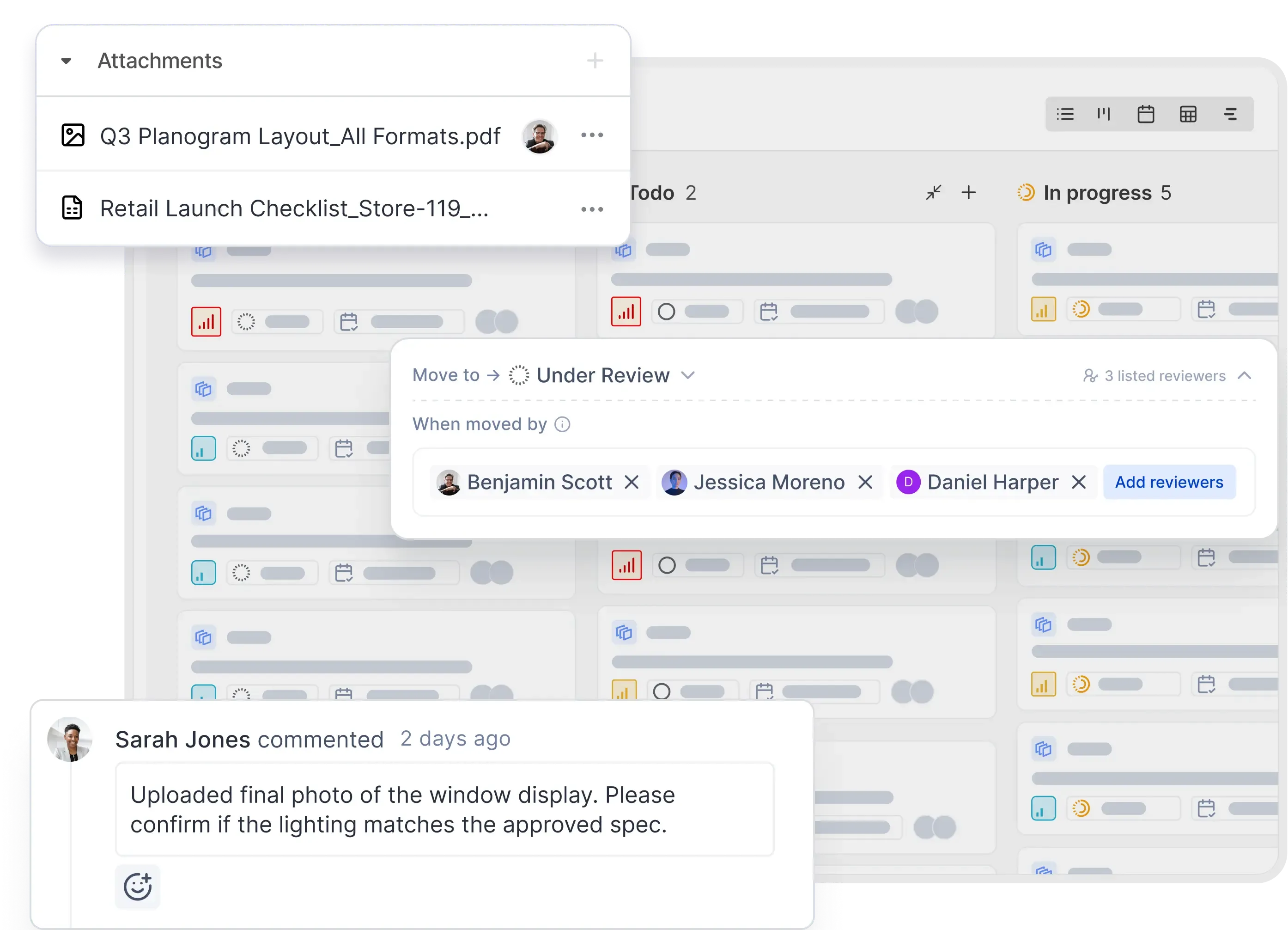 Work item board with attachments, reviewer assignments, and a user comment confirming photo upload and requesting visual spec validation.