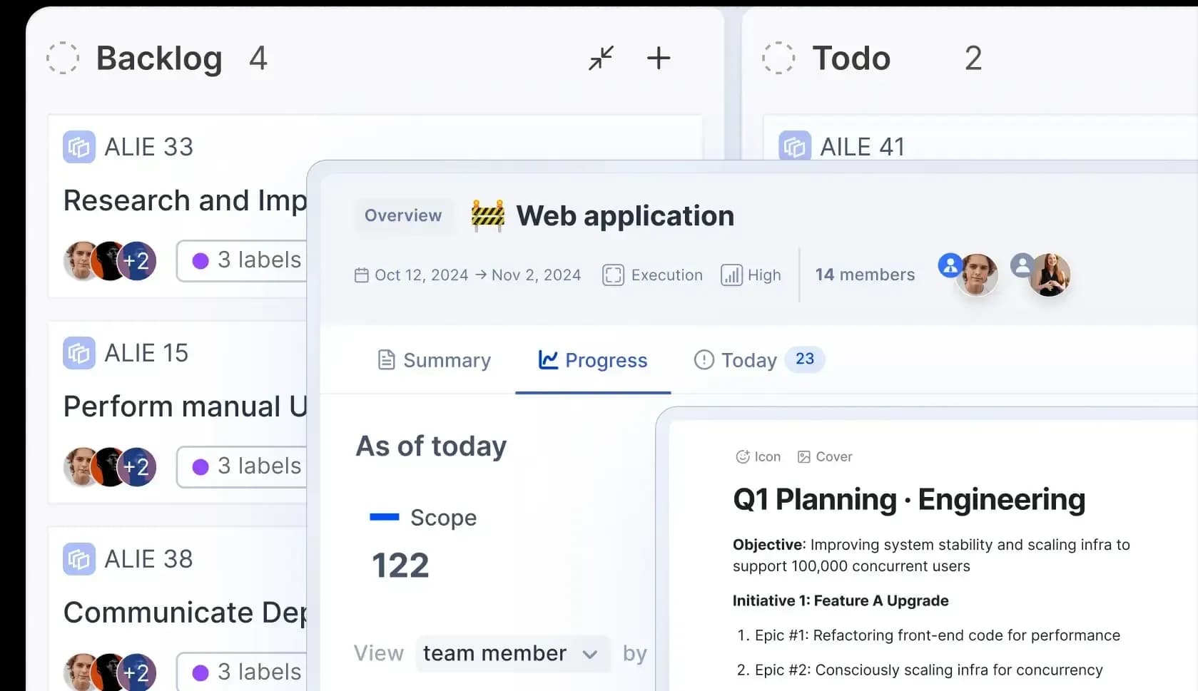 Cycle view showing backlog and to-do columns with work items, and a progress panel displaying scope metrics, member avatars, and Q1 engineering planning.