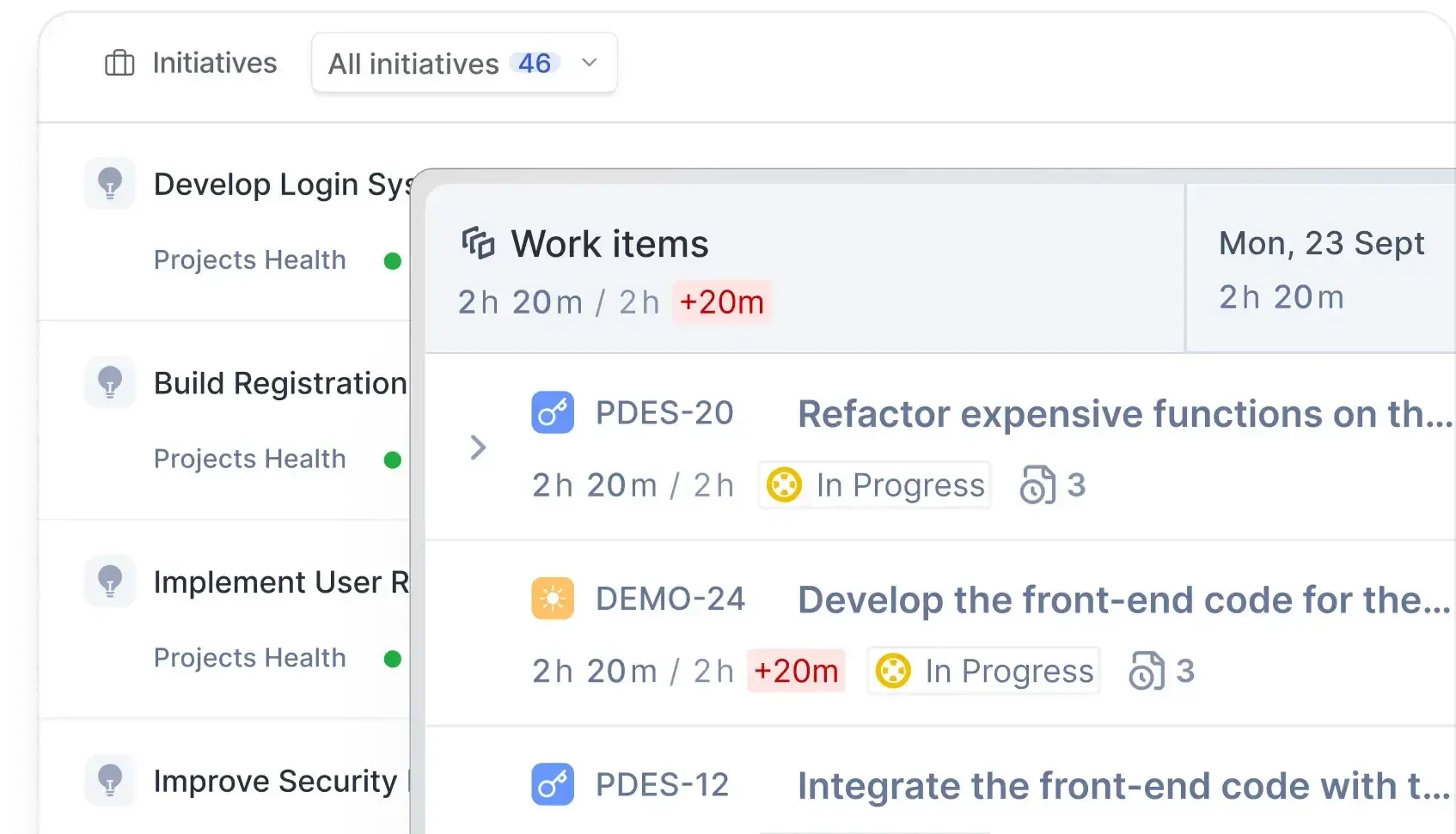 Initiatives view in Plane UI showing development projects and an expanded panel listing time-tracked work items, their status, and time overages.
