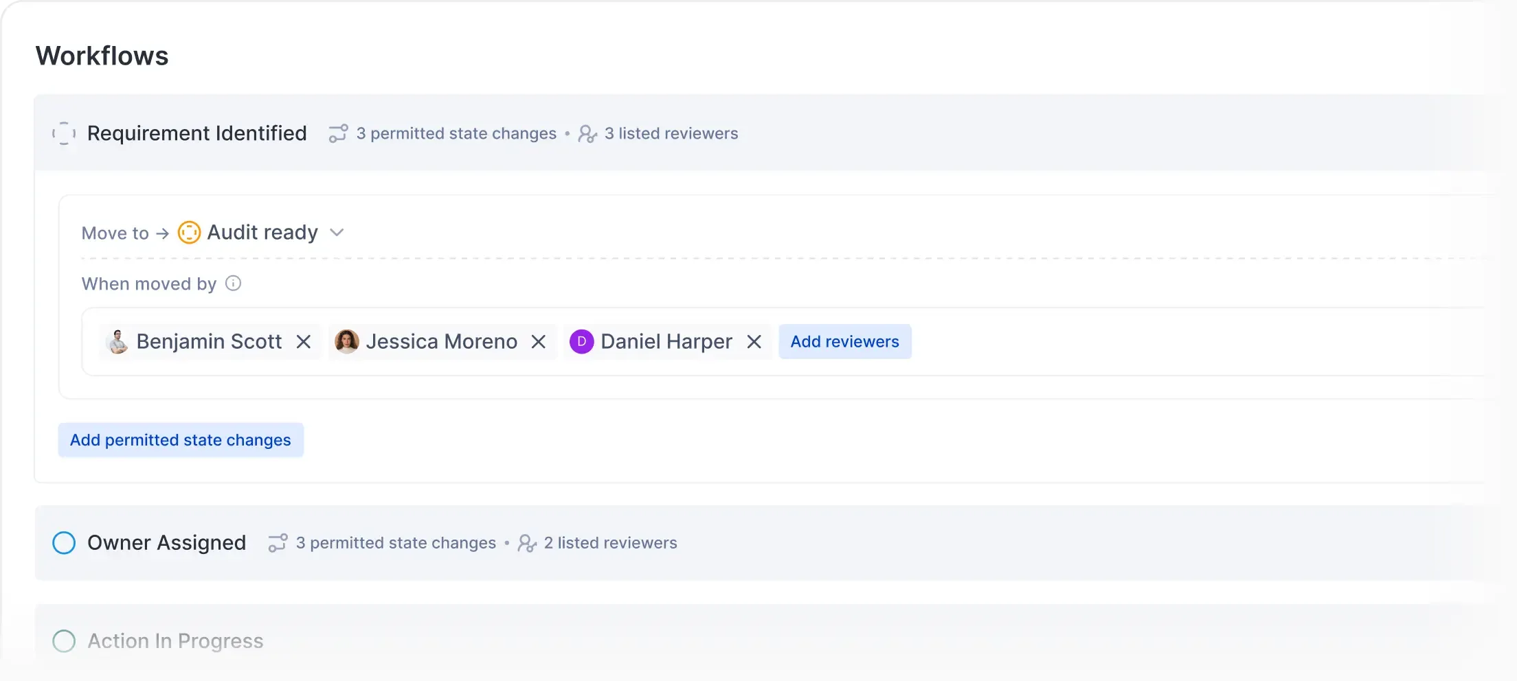 Workflow settings in Plane screen showing transition rules and reviewers for progressing work items from identified requirements to audit readiness and beyond.