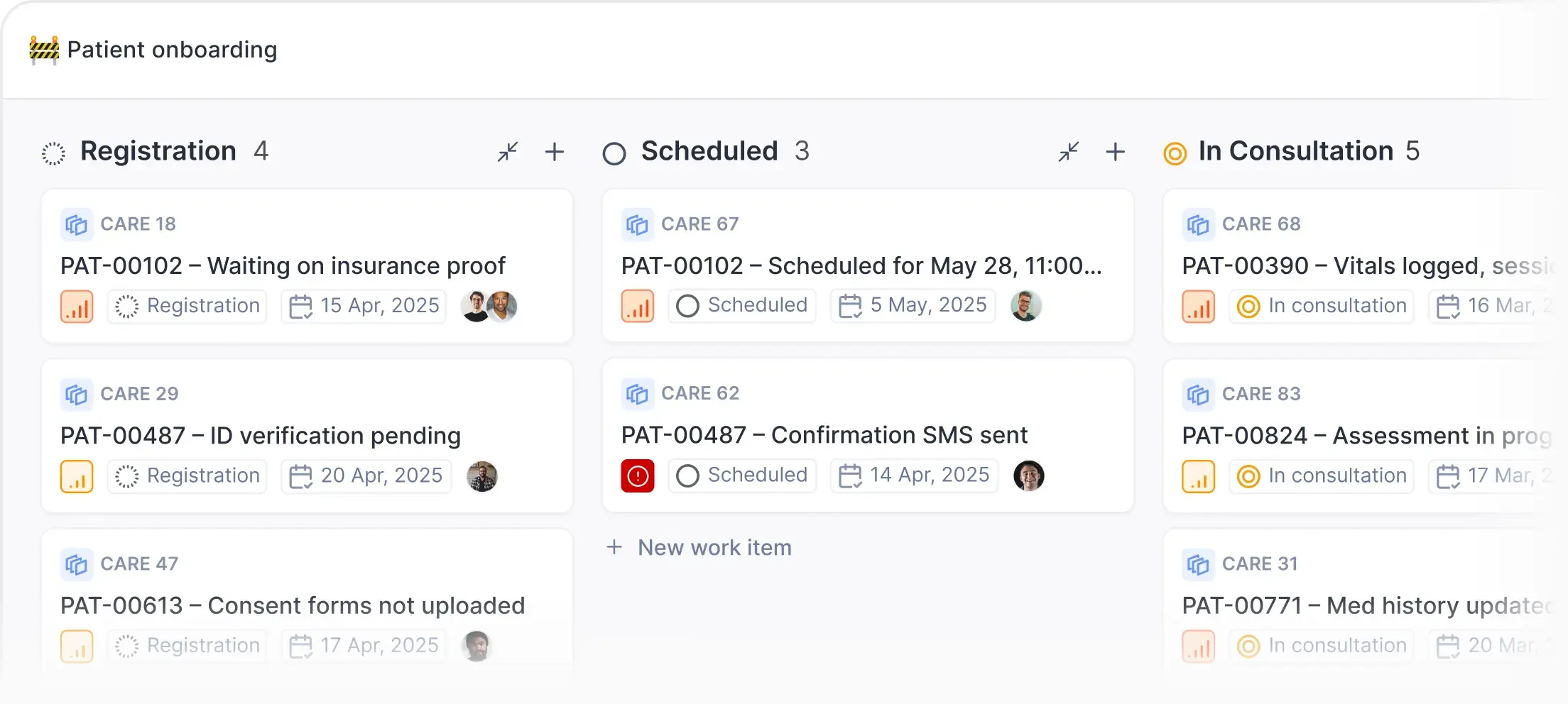 Patient onboarding board with categorized work items in Plane under Registration, Scheduled, and In Consultation, each showing status, due date, and assigned staff.