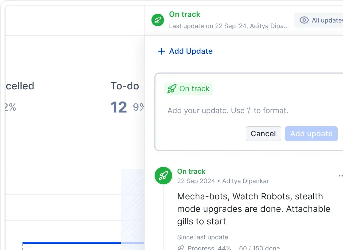 Plane UI showing epics & initiatives updates
