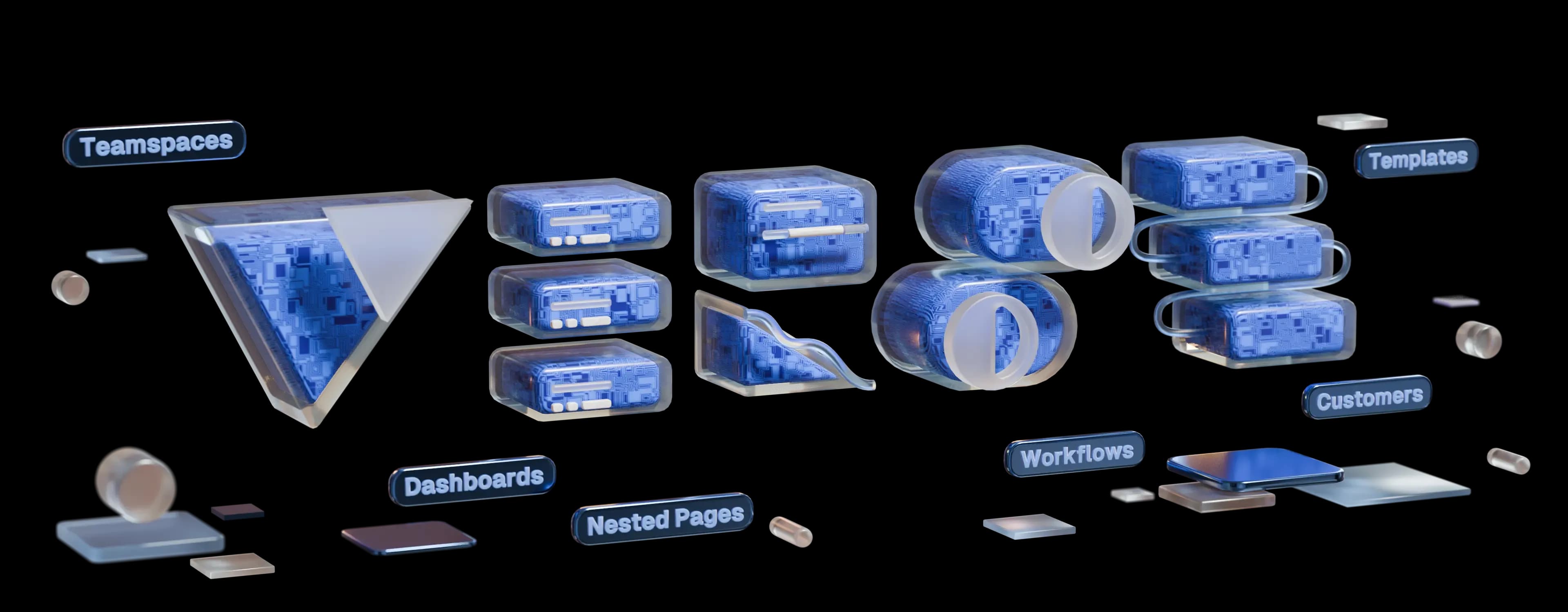 3D graphic announcing five new Plane features: Teamspaces, Dashboards, Nested Pages, Workflows, Templates, and Customers.