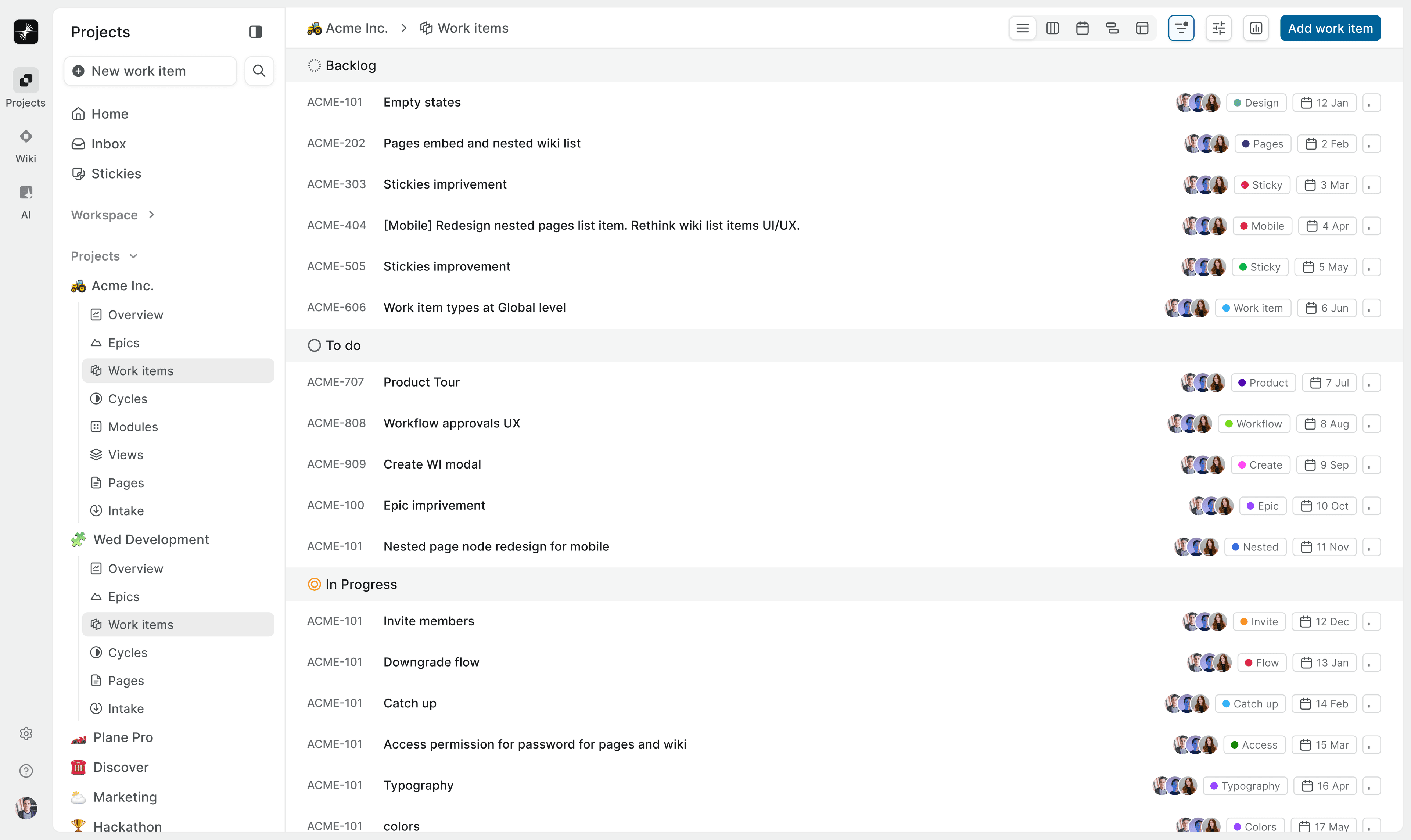 Plane workspace showing multiple projects and grouped work items across backlog and in progress.