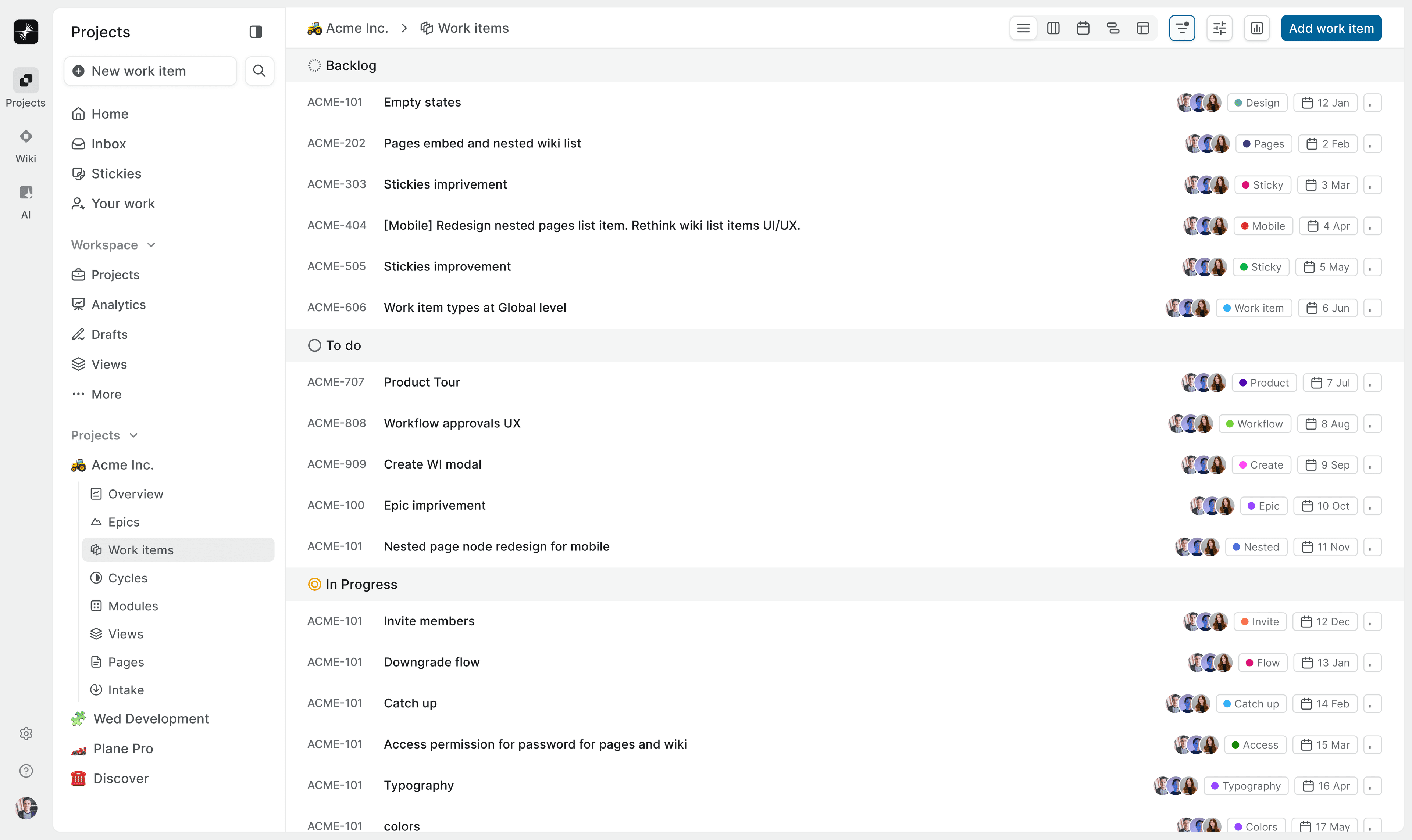 Work items screen in Plane with sections for backlog, to-do, and ongoing tasks
