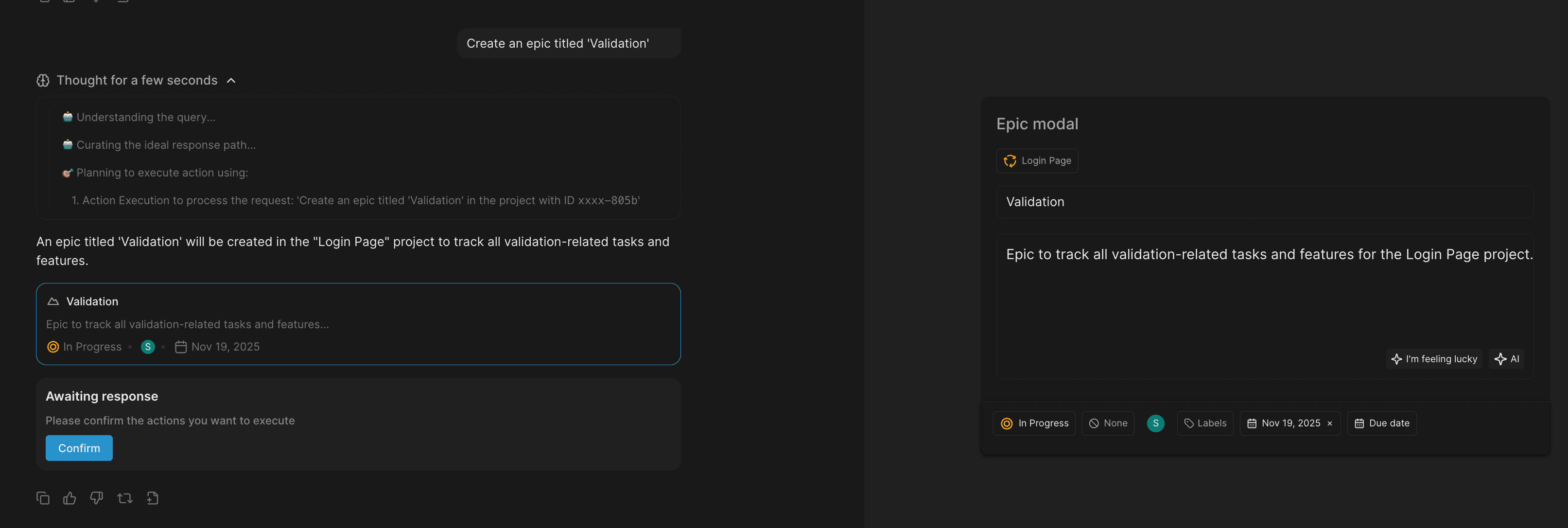 plane ai action creating an epic