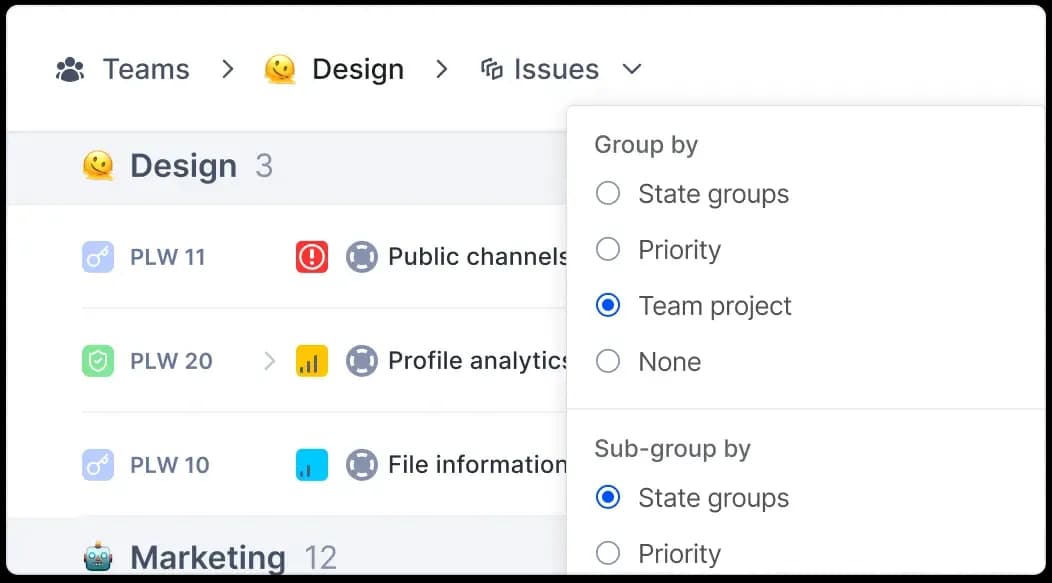 Plane UI showing team-specific-issues-from-all-projects