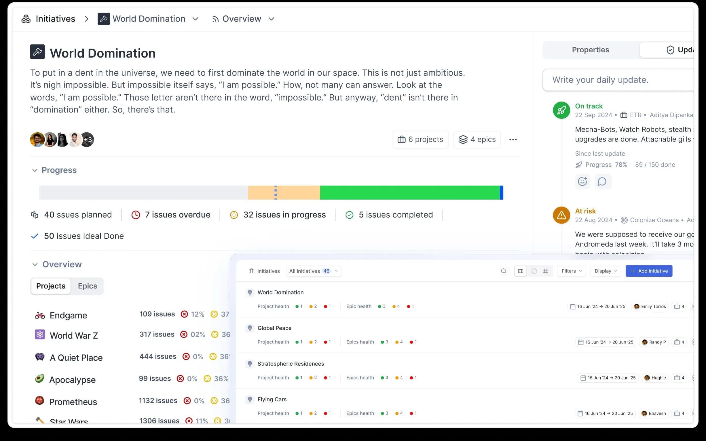 Plane UI showing initiatives