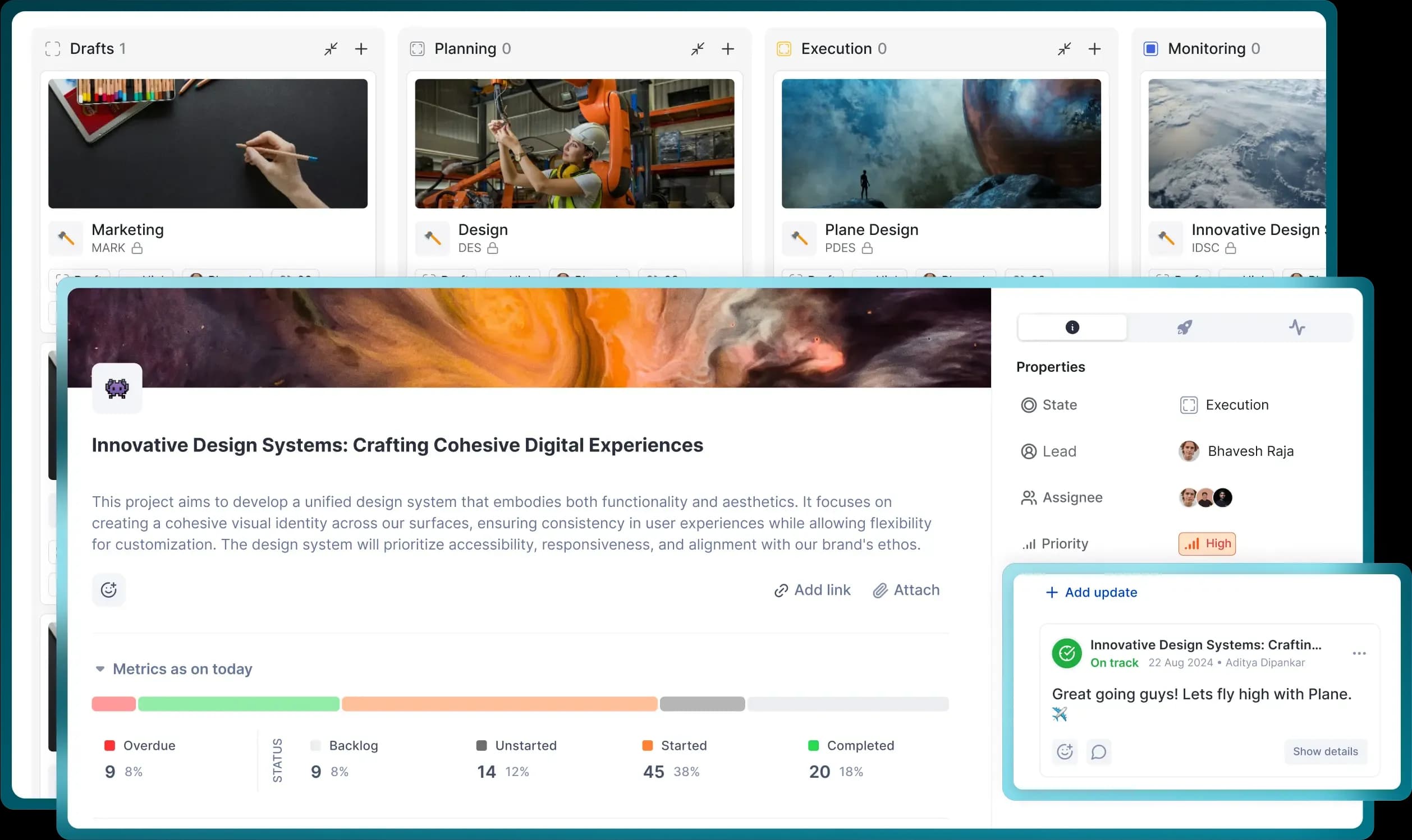 Plane UI showing a state of projects
