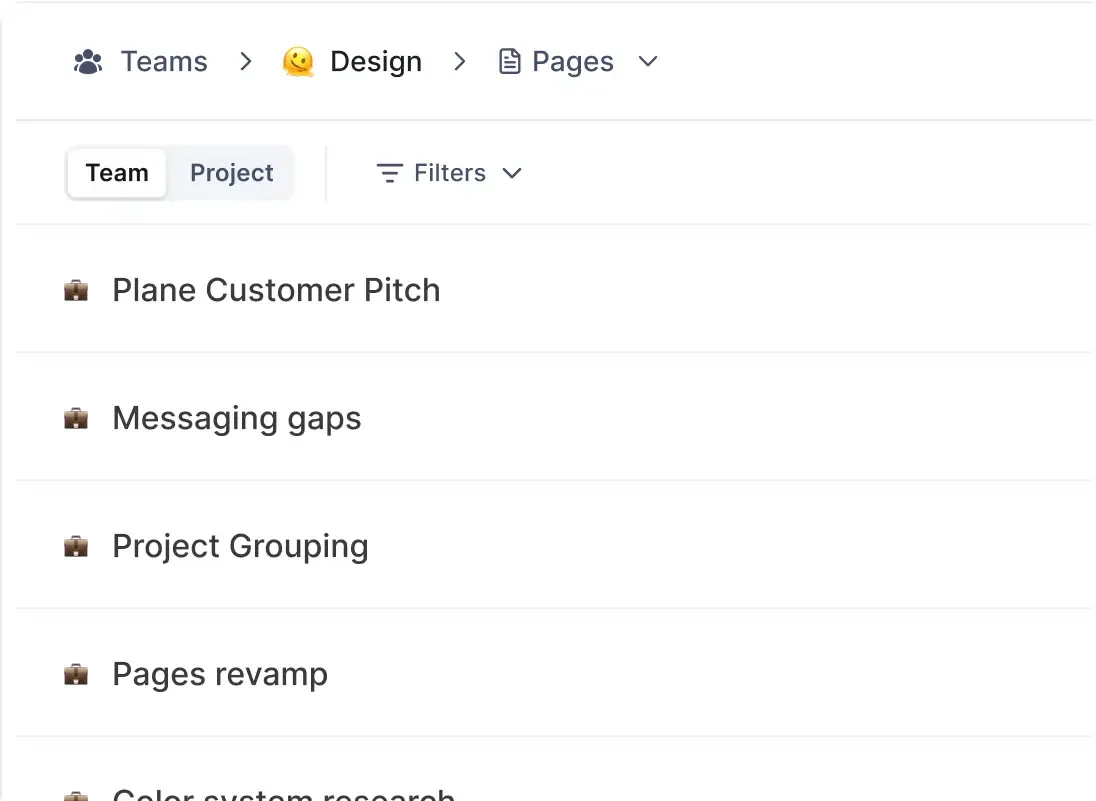 Plane UI showing team only pages
