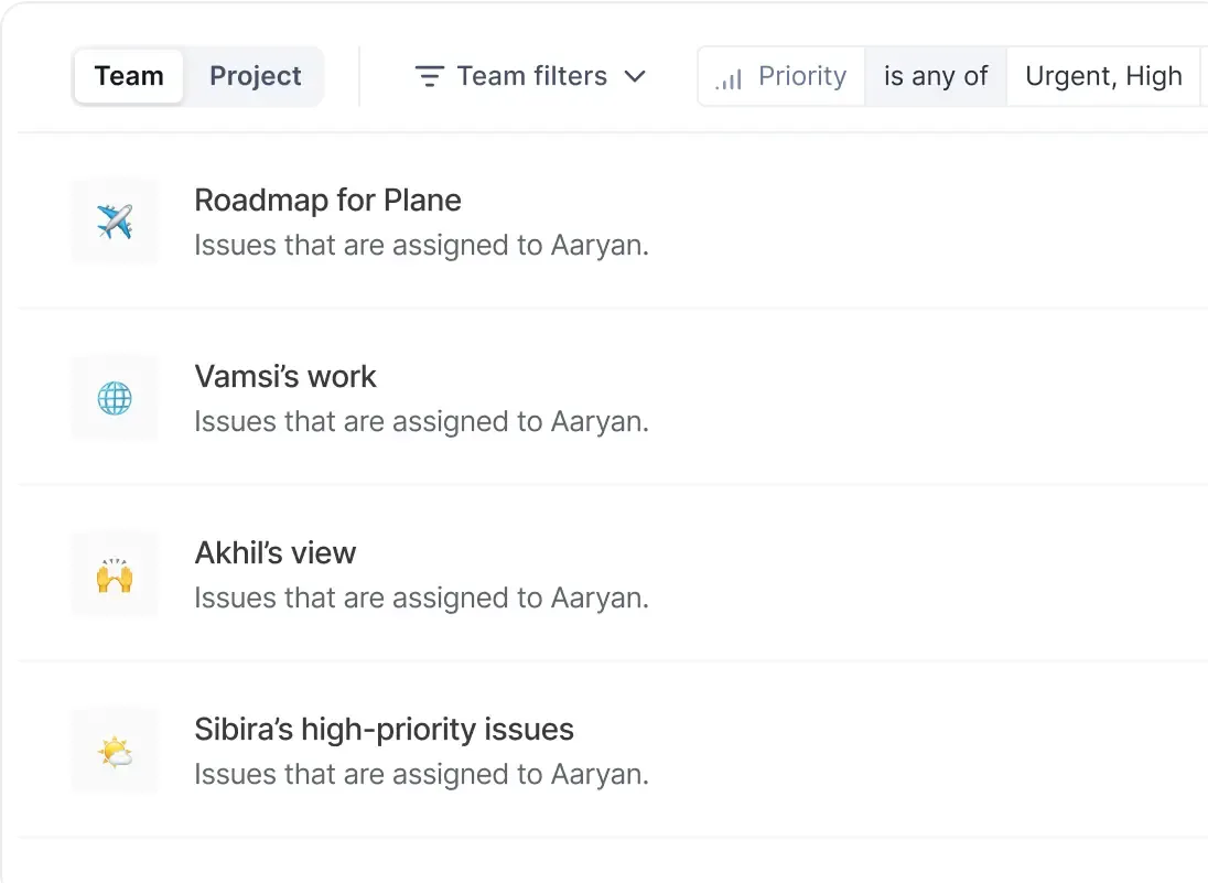 Plane UI showing team only views