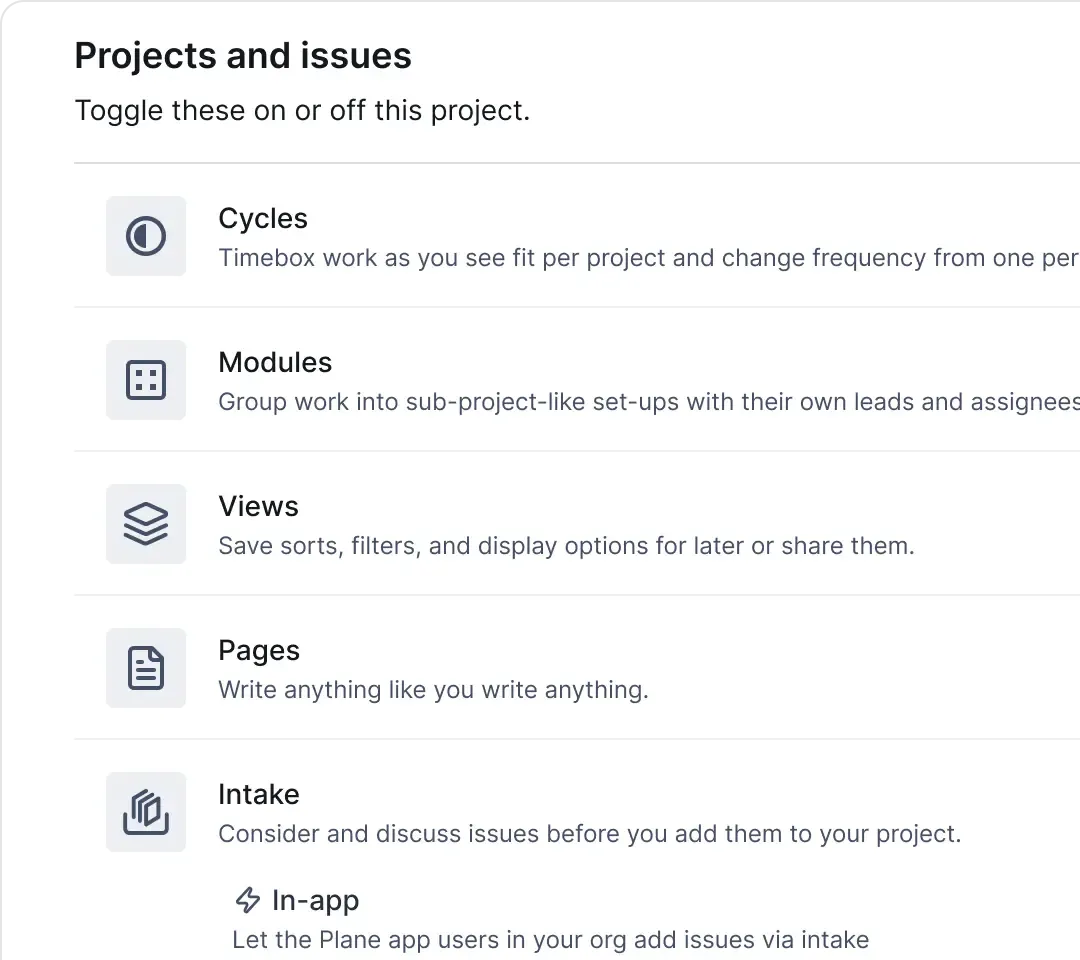 Plane UI showing projects setting