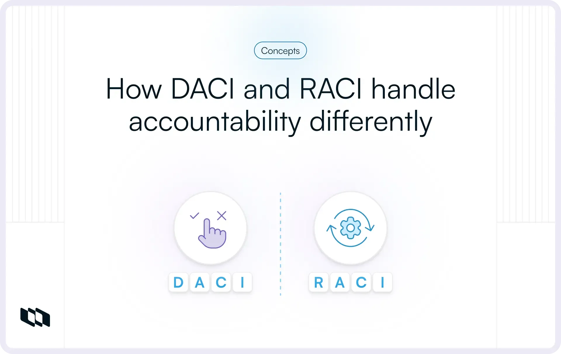 Graphic showing the blog cover illustration titled how DACI and RACI handles accountability differently