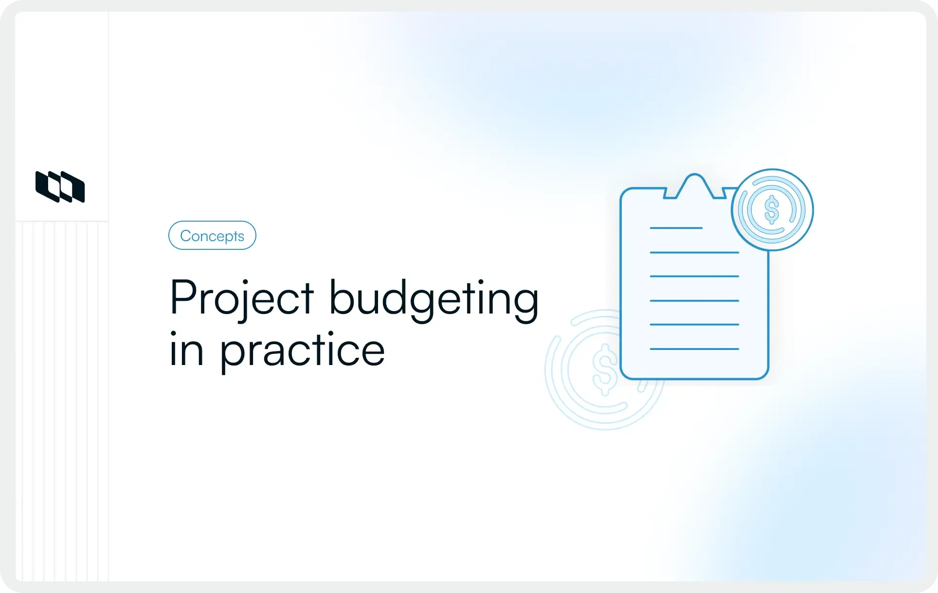 Project budgeting in practice graphic showing a document icon with cost symbols, representing practical application of project budgets and cost planning.