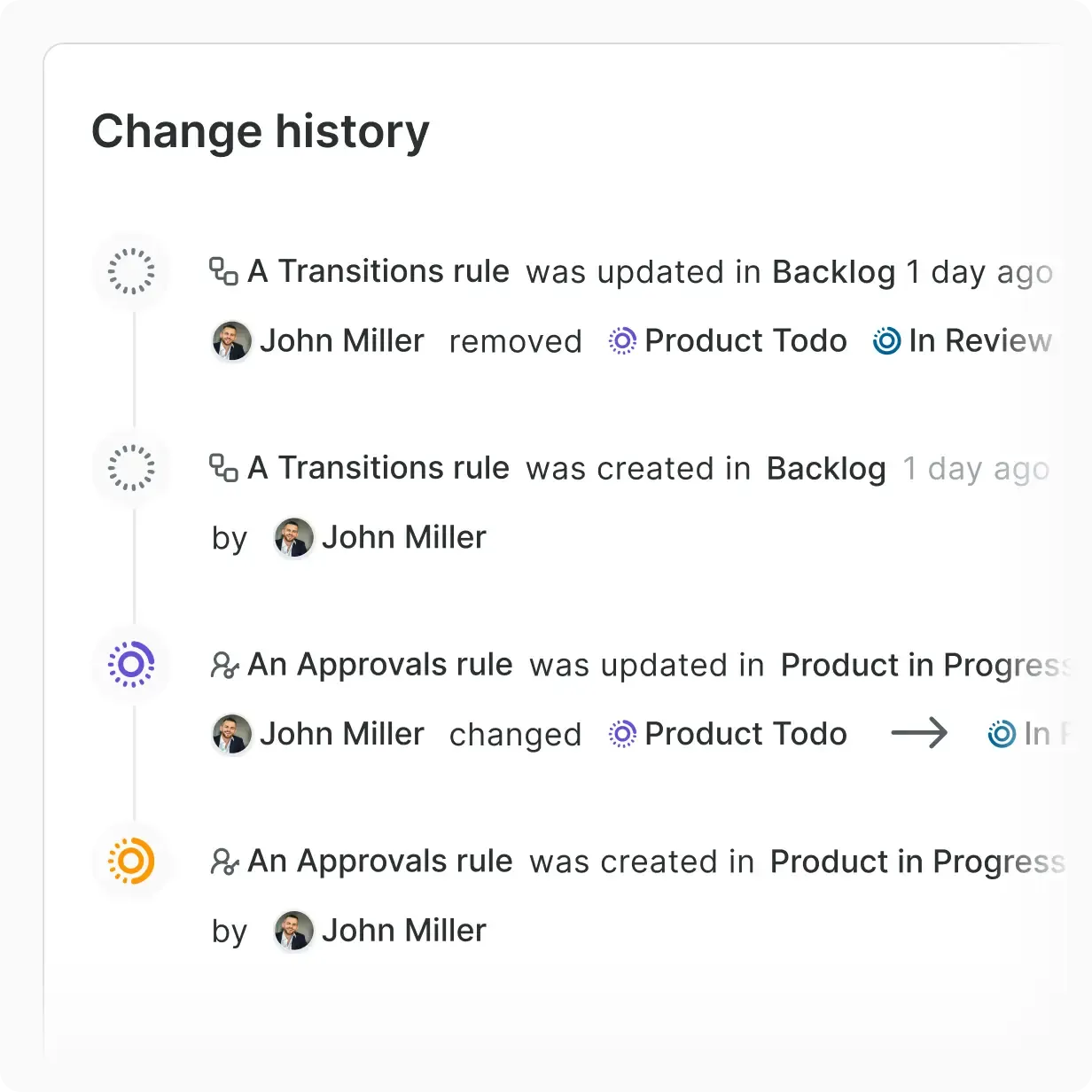 Change history log listing recent edits to workflow transition and approval rules, including user actions and affected states in Plane UI.