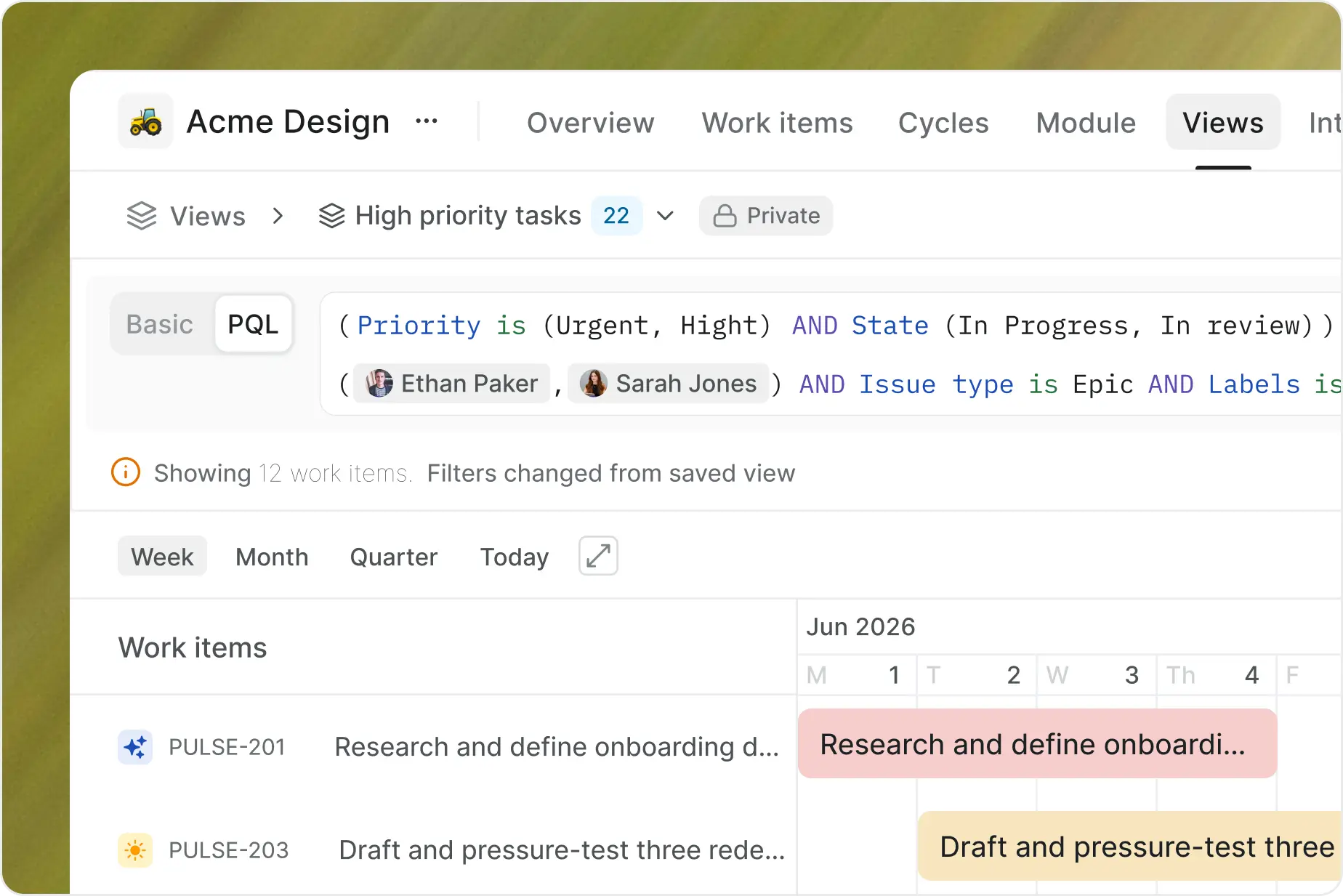 Plane query language filtering a saved view