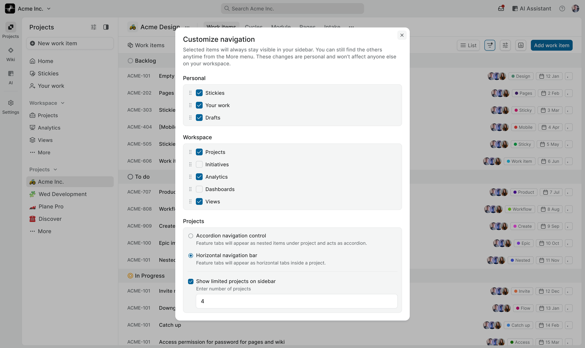 Navigation customization screen in Plane showing selectable workspace and project settings