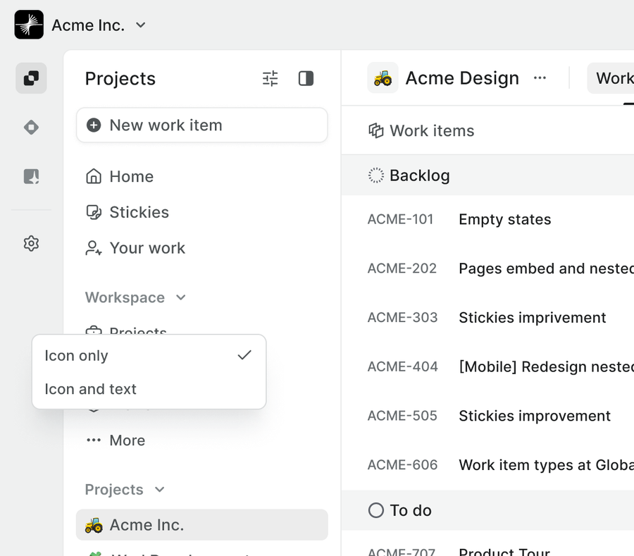 Plane interface with sidebar and a menu for choosing icon-only or icon-and-text modes.