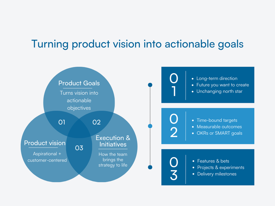 Venn diagram explaining how vision translates into goals and execution initiatives.