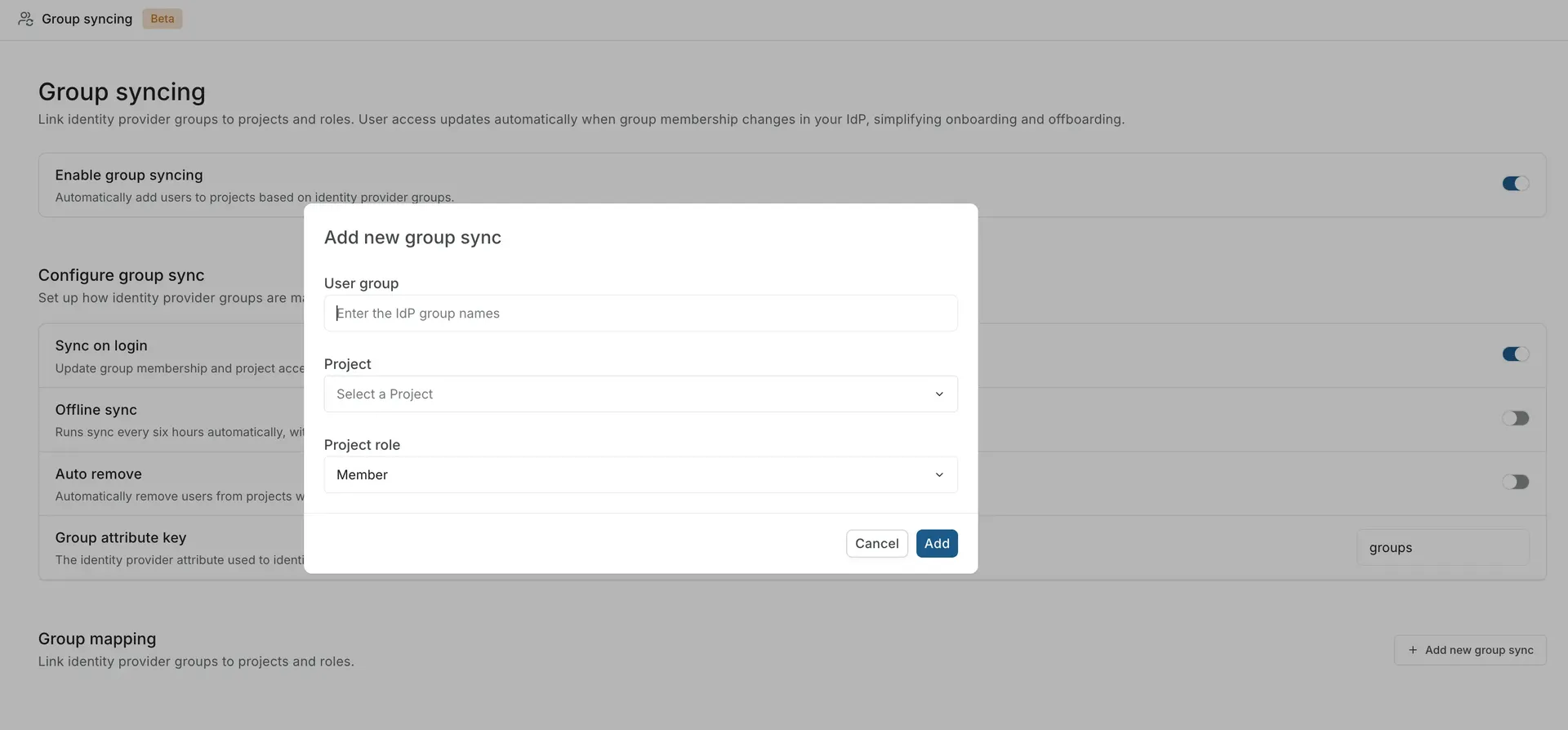 Plane group sync screen mapping an identity provider group to a project with an assigned role of Admin, Member, or Guest.