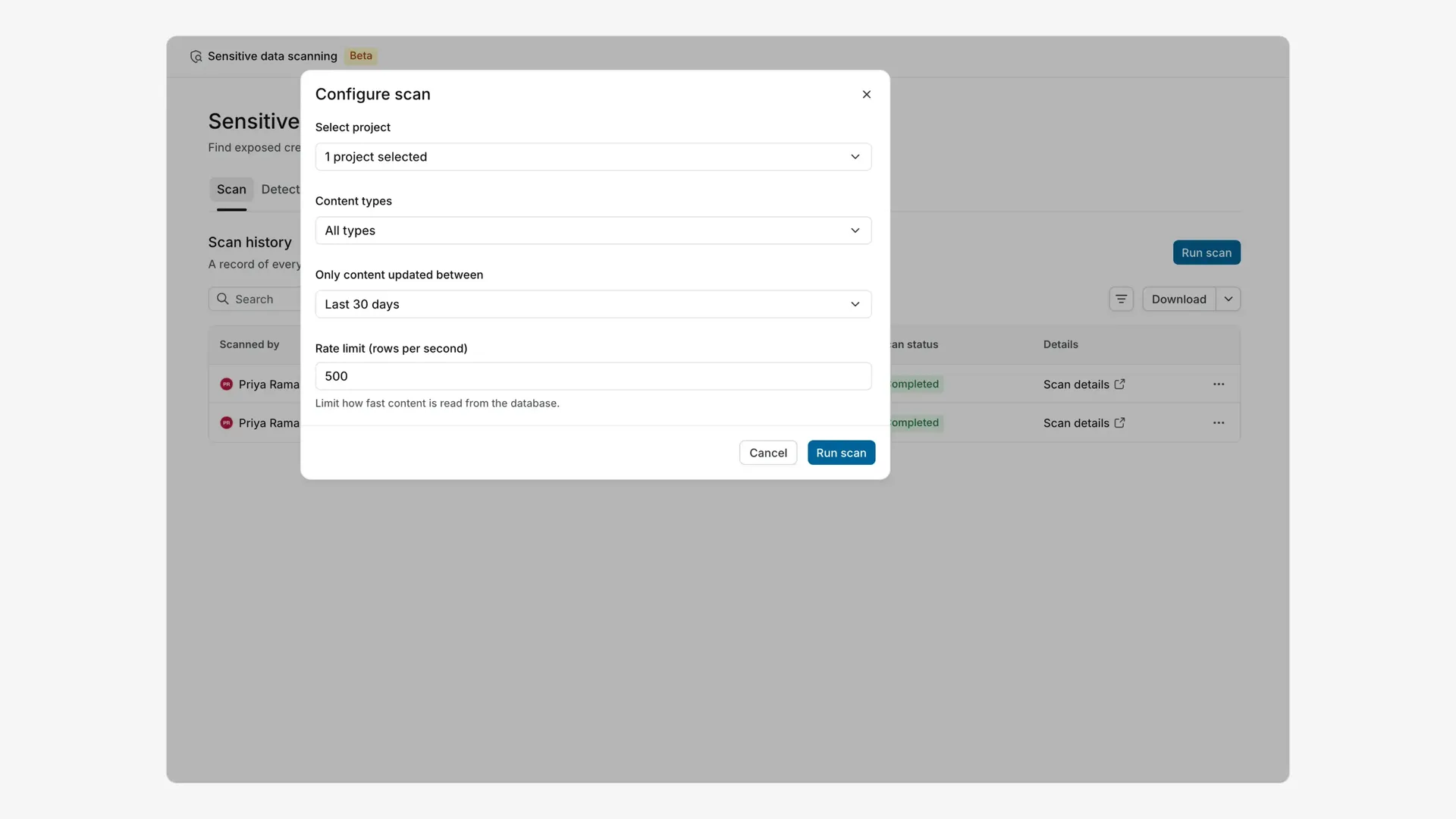 Configure scan in Plane, with one project and Last 30 days selected.