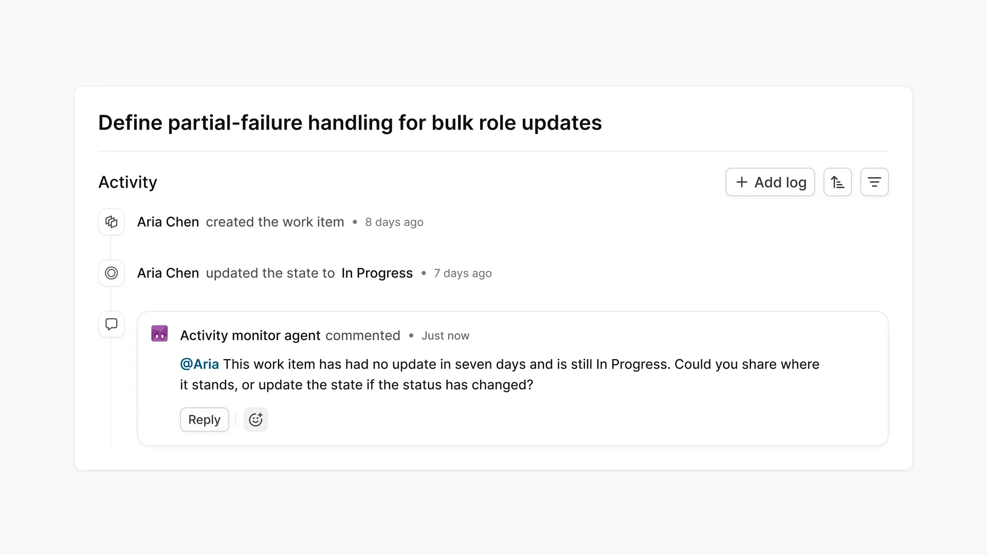 A work item showing the Activity monitor agent's comment mentioning the assignee and requesting an update after seven days of inactivity.