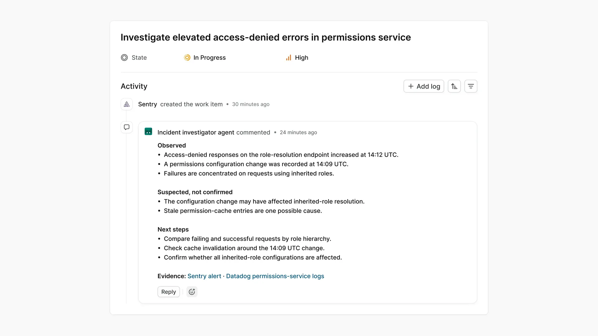 An incident work item showing the Agent's comment with observed errors, suspected causes, and recommended engineering checks.