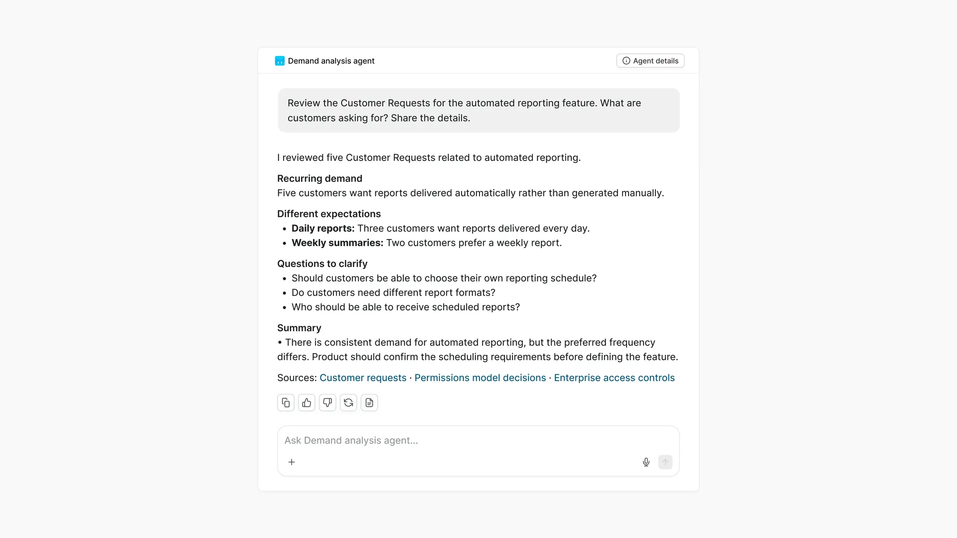Agent chat summarizing demand for automated reports, showing daily and weekly reporting requests with customer references.