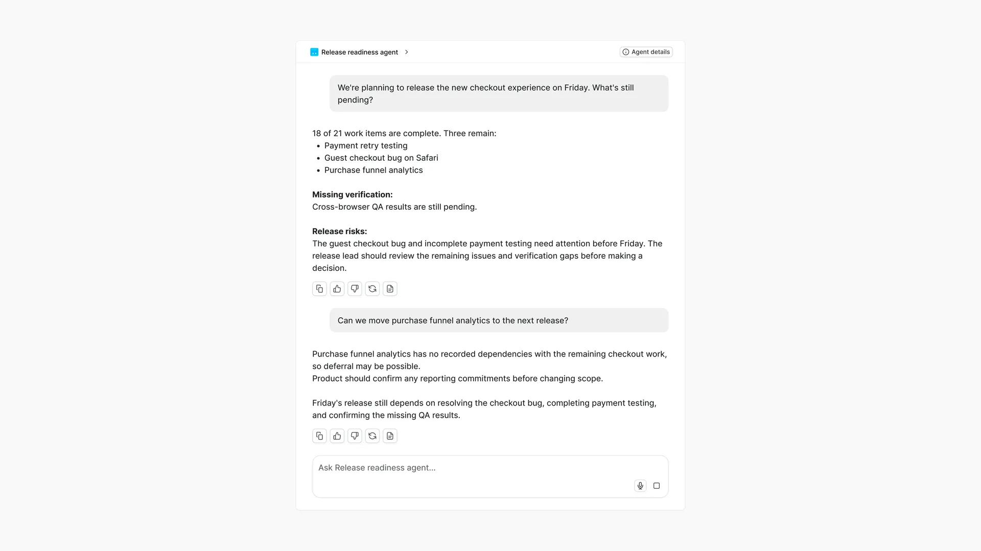 Agent chat showing a release readiness assessment with unresolved defects.