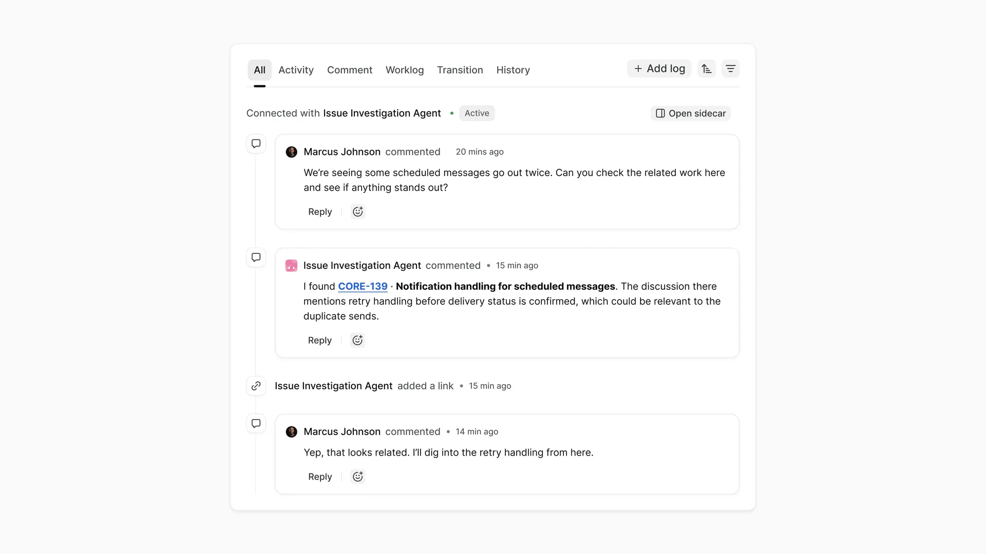 Work item activity log showing human and agent activity interleaved.