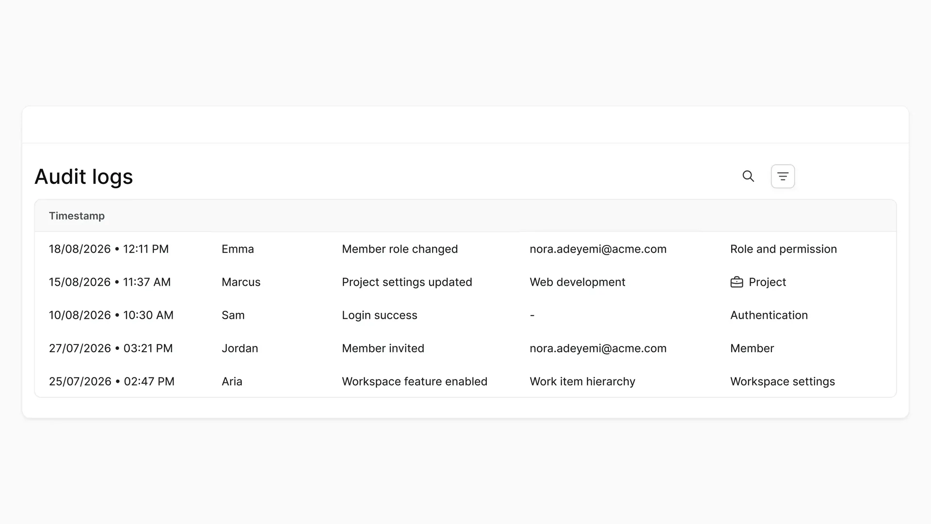 Plane audit log showing member role changes, project settings updates, successful sign-ins, invitations, and workspace activity.