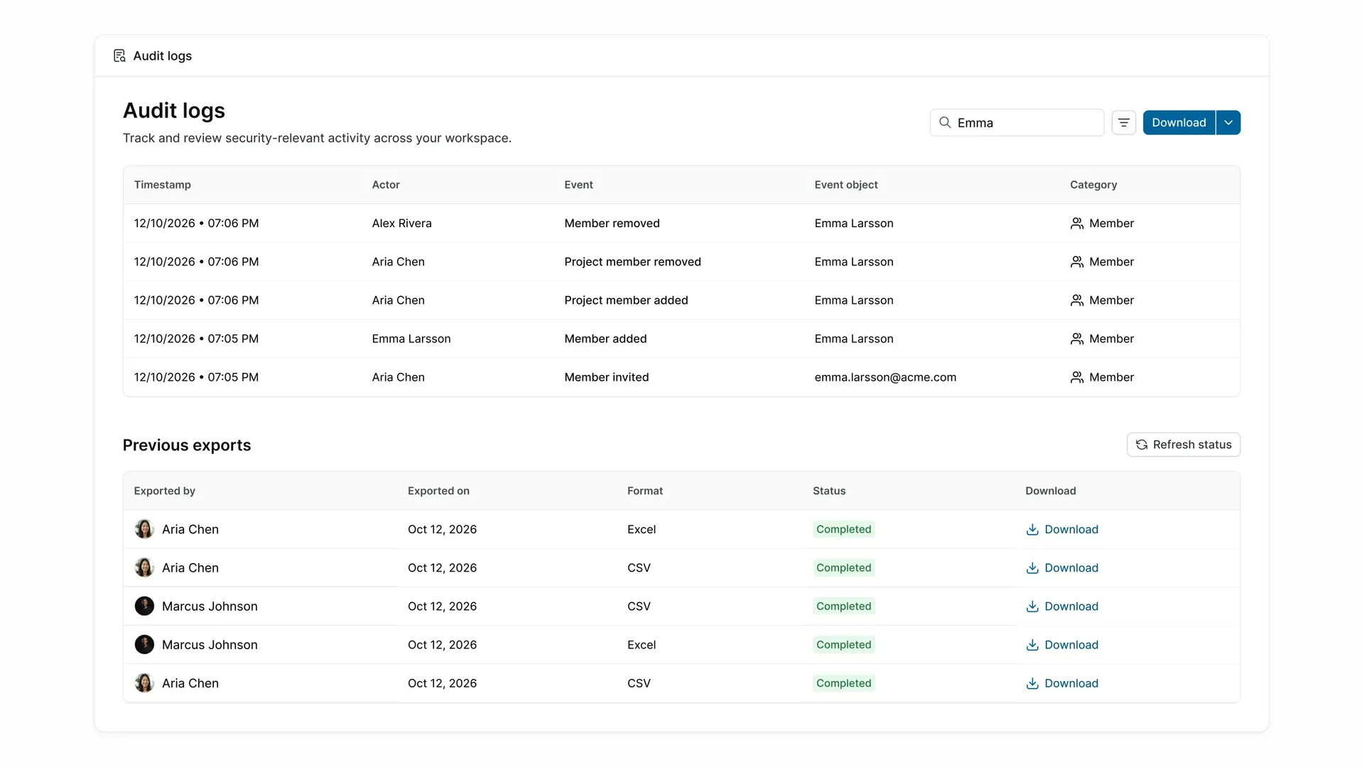 Audit log filters in Plane showing options for actor, category, outcome, and date range.
