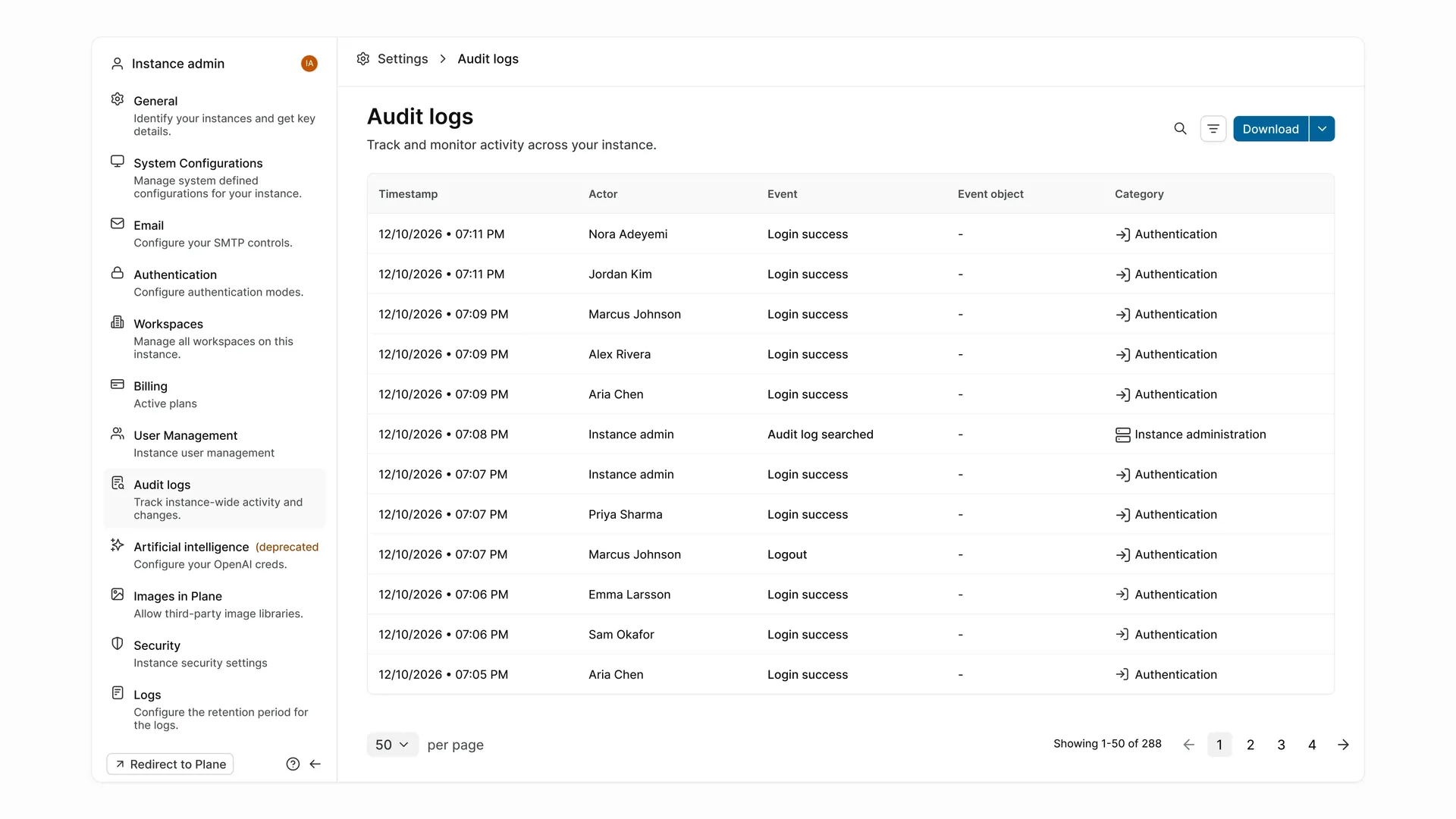Filtering the Plane God Mode audit log to review failed sign-in attempts and authentication events.
