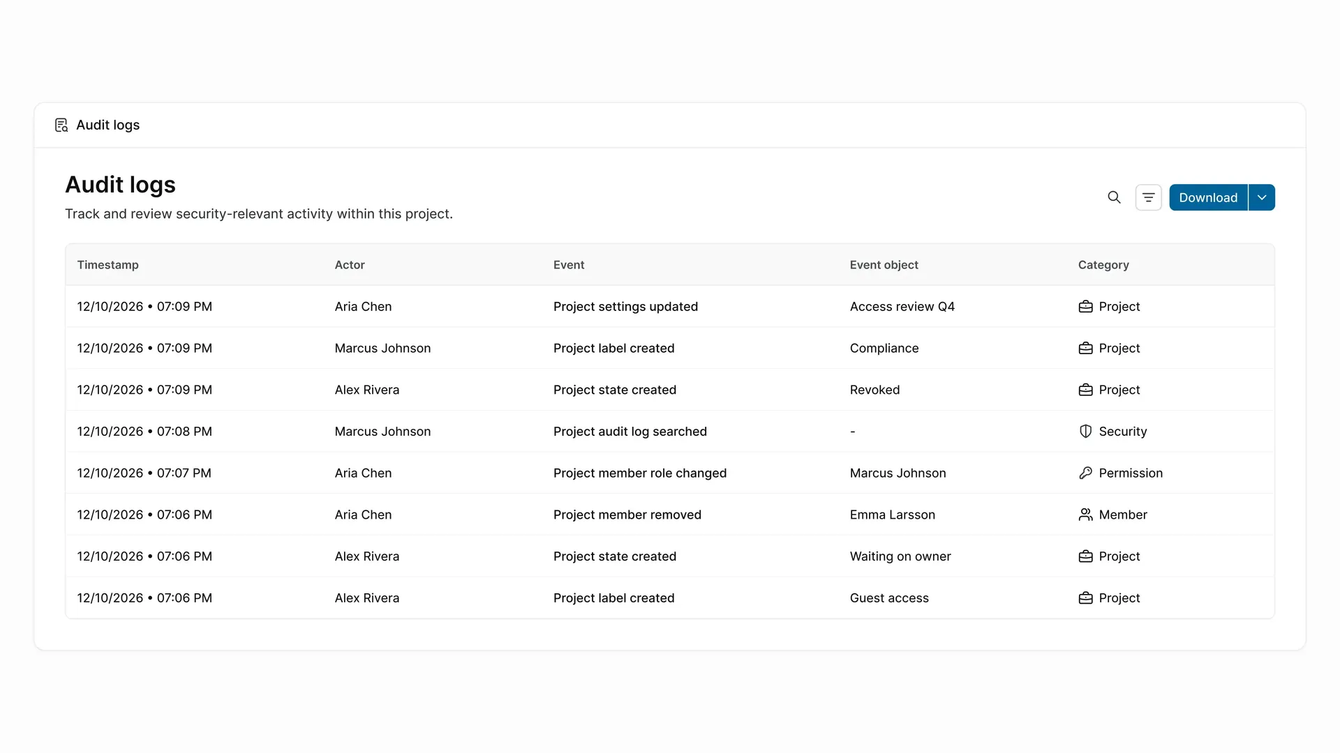 Project-level audit log in Plane showing member changes, project settings updates, and other recorded events.