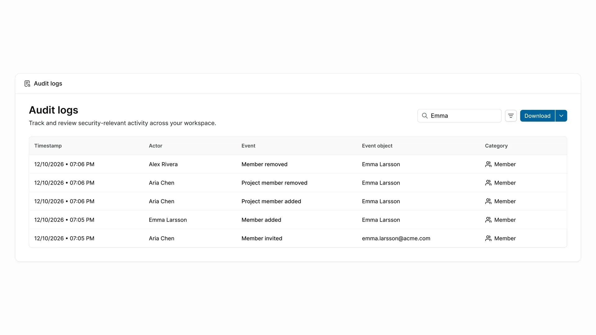 Plane audit log searched for Tobias Keller, showing who removed the member and when.