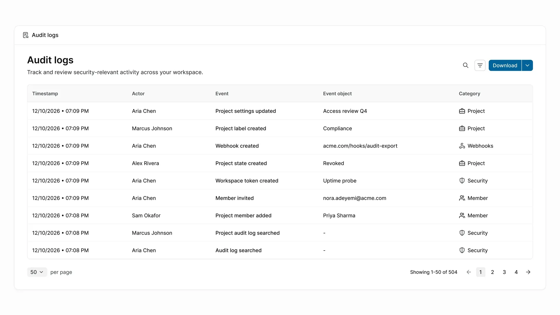 Workspace audit log in Plane showing timestamps, actors, events, affected objects, and categories.