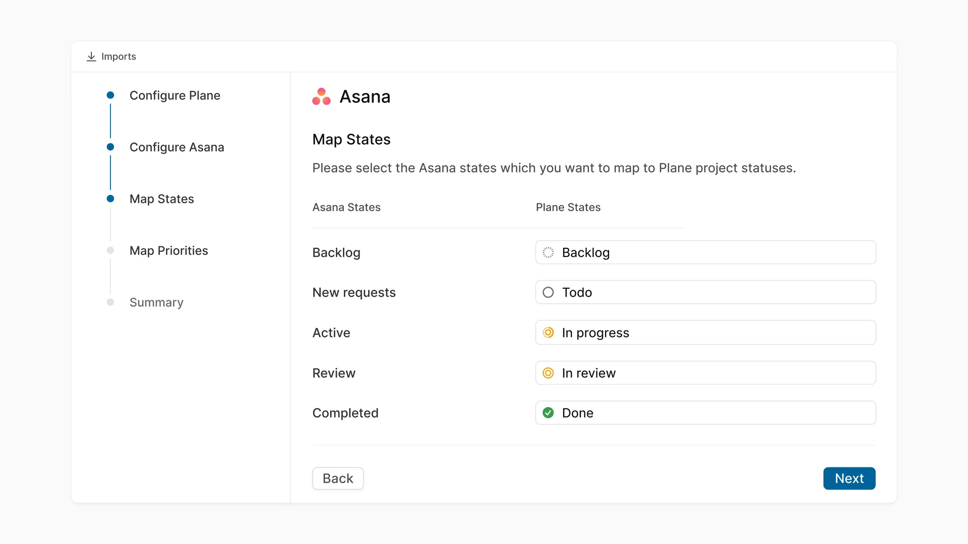 Screen showing Asana importer 