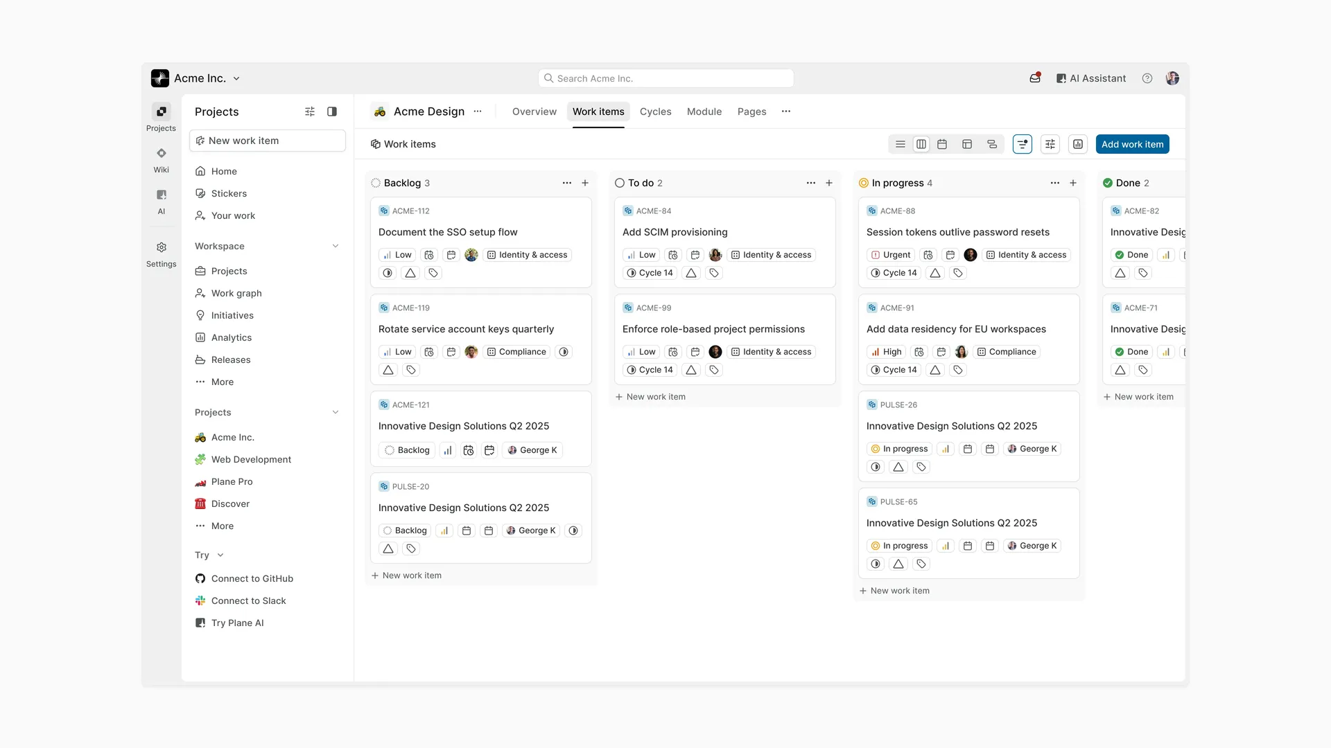 Screen showing engineering workflow in Plane 