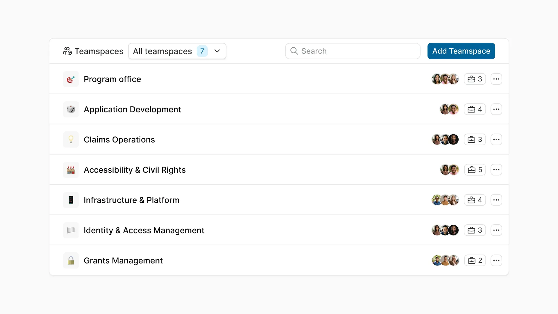 Teamspaces in Plane for a federal agency, including Program office, Claims Operations, and Accessibility and Civil Rights