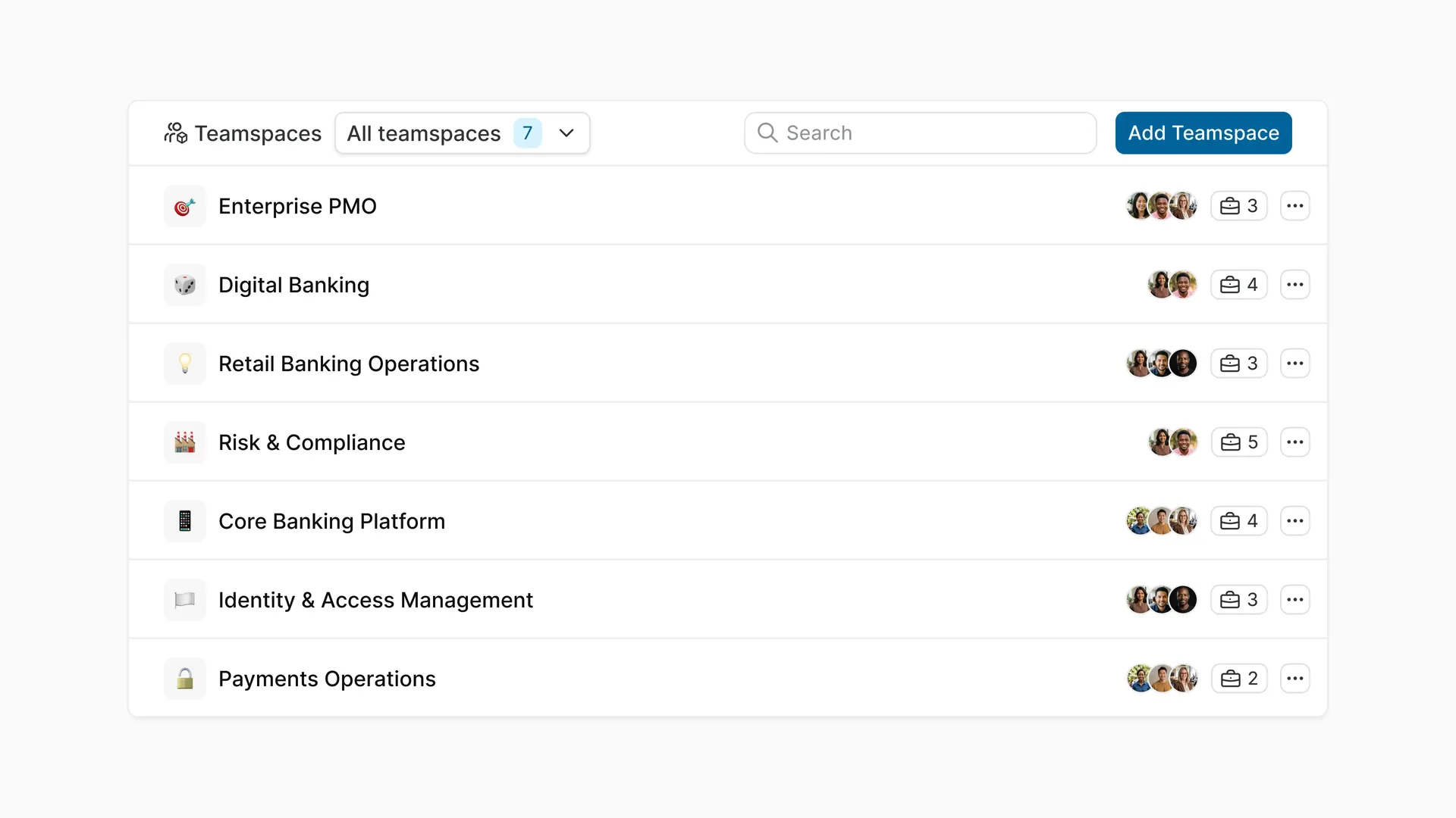 Plane Teamspaces for a banking organization, including Enterprise PMO, Digital Banking, Risk and Compliance, and Payments Operations.