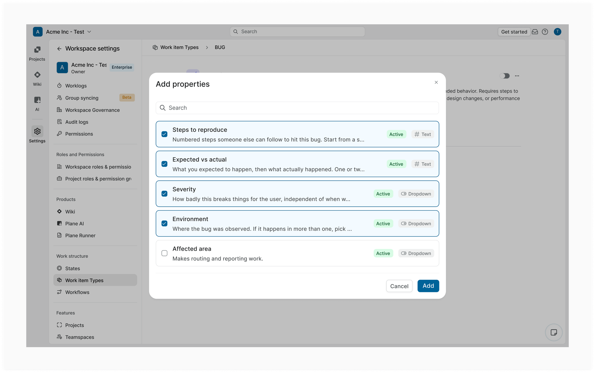 Custom properties configured on the Bug work item type in Plane