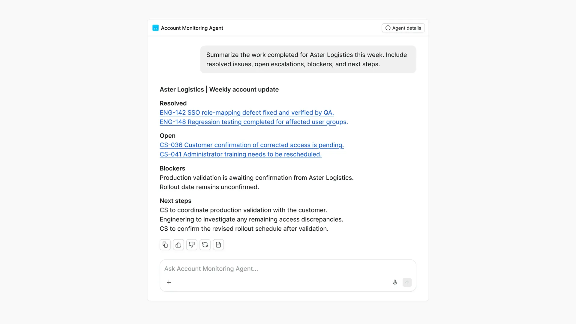 Account Monitoring Agent summarizing Aster Logistics’ resolved issues, pending validation, and CS follow-ups