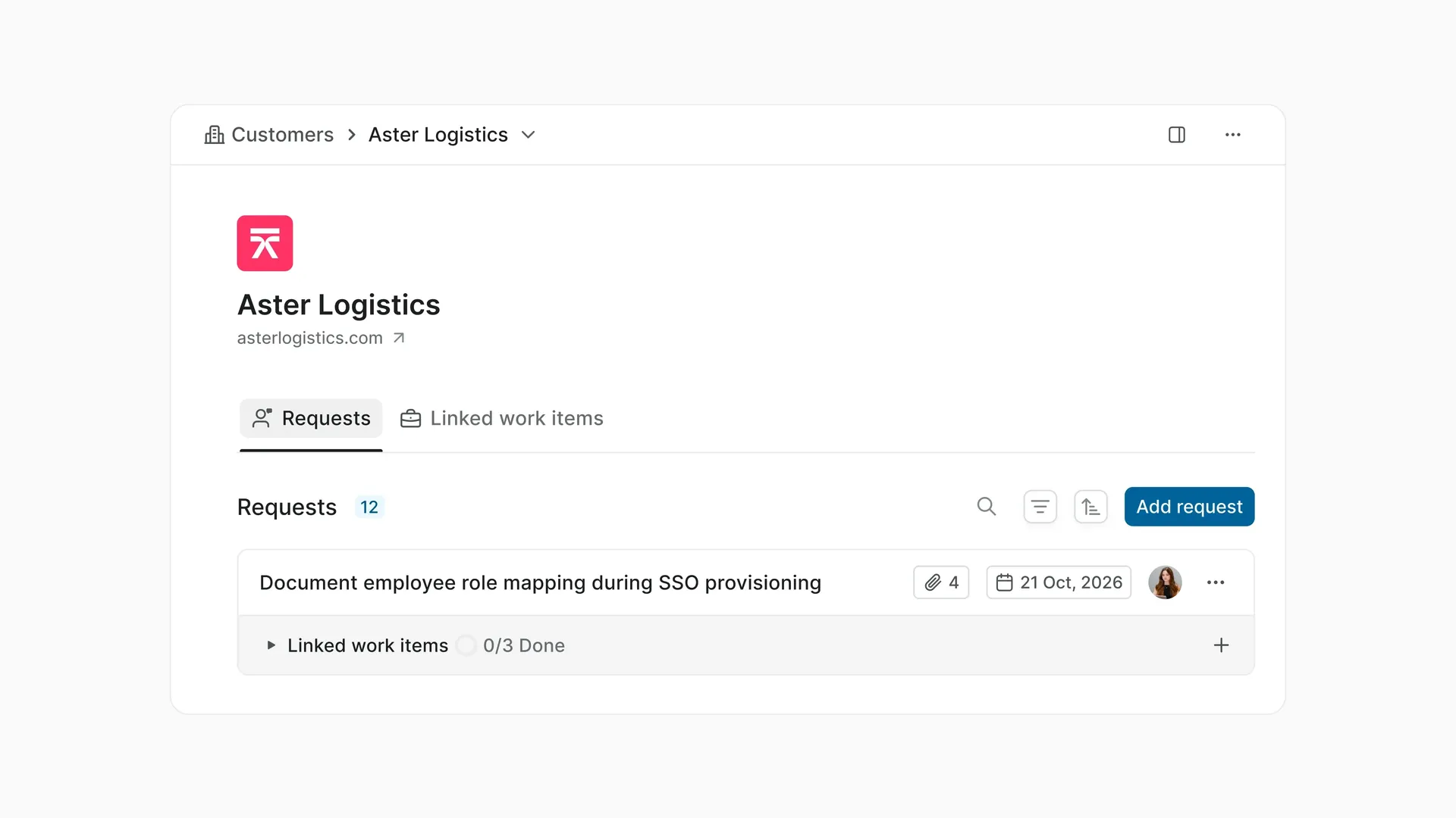 Aster Logistics Customer profile page with the linked Customer Requests
