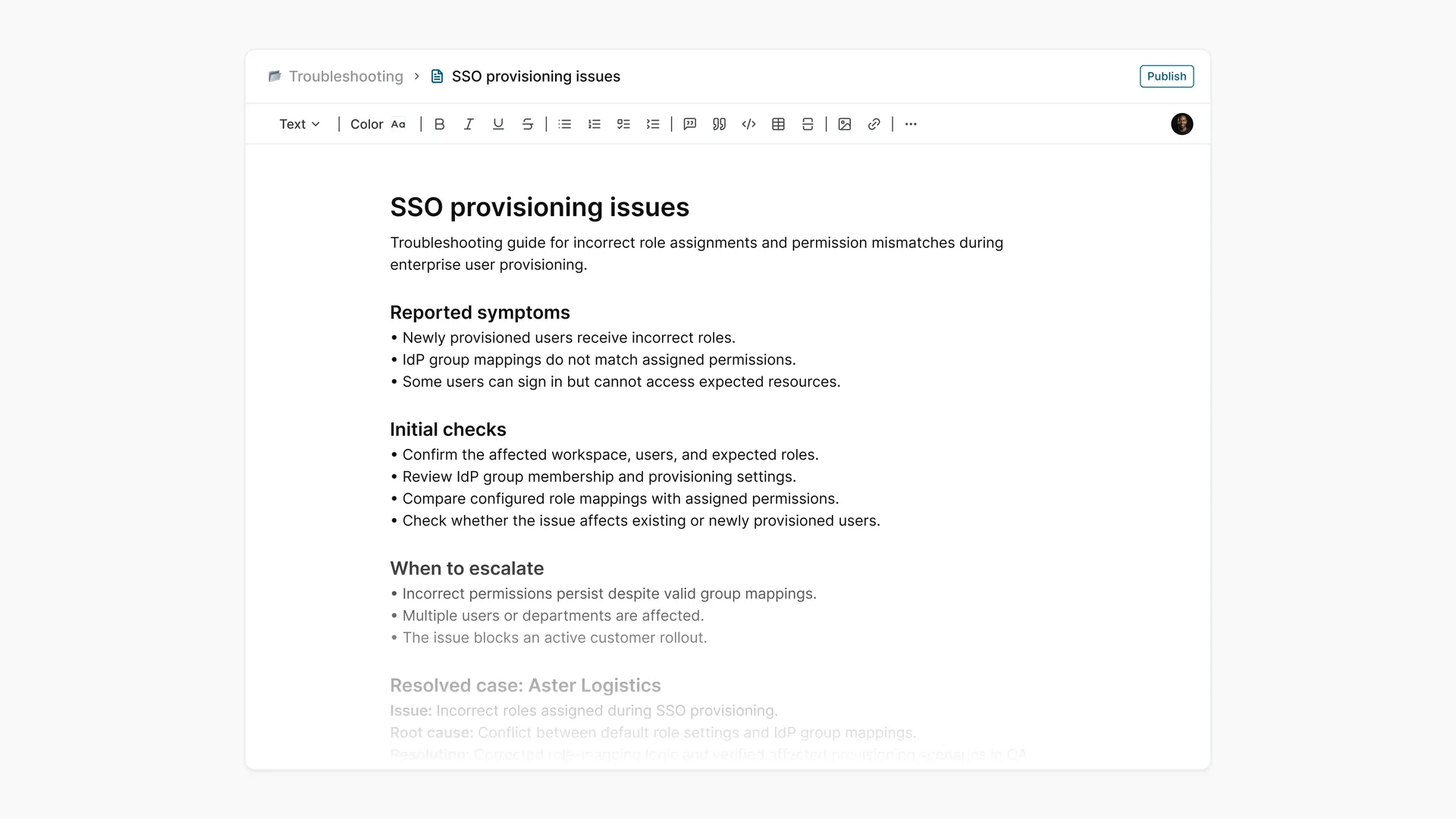 Wiki troubleshooting page documenting user provisioning issues, resolution steps, and escalation guidelines.