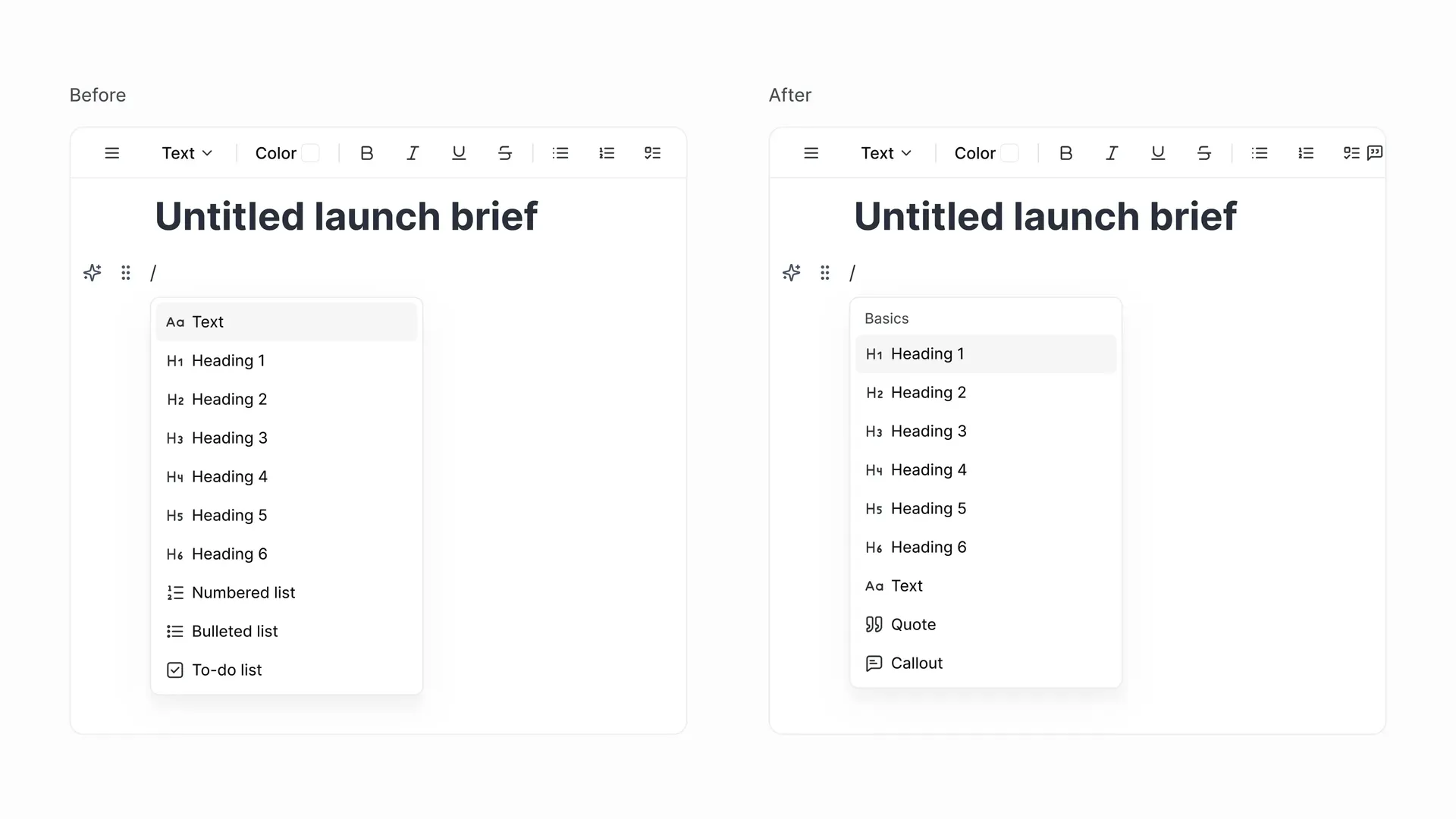 Before-and-after comparison of the Plane editor slash menu showing commands reorganized into categories.