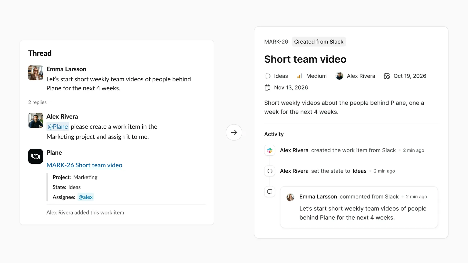 A Slack conversation beside the corresponding Plane work item