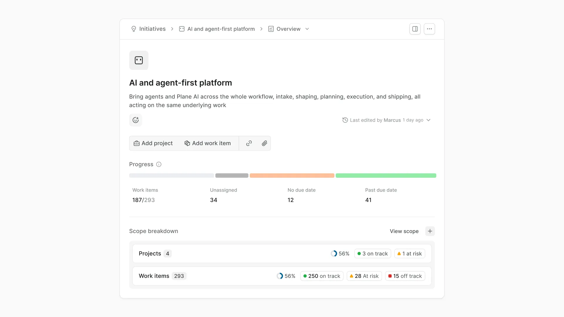 Initiative overview showing multiple projects rolling up to an initiative